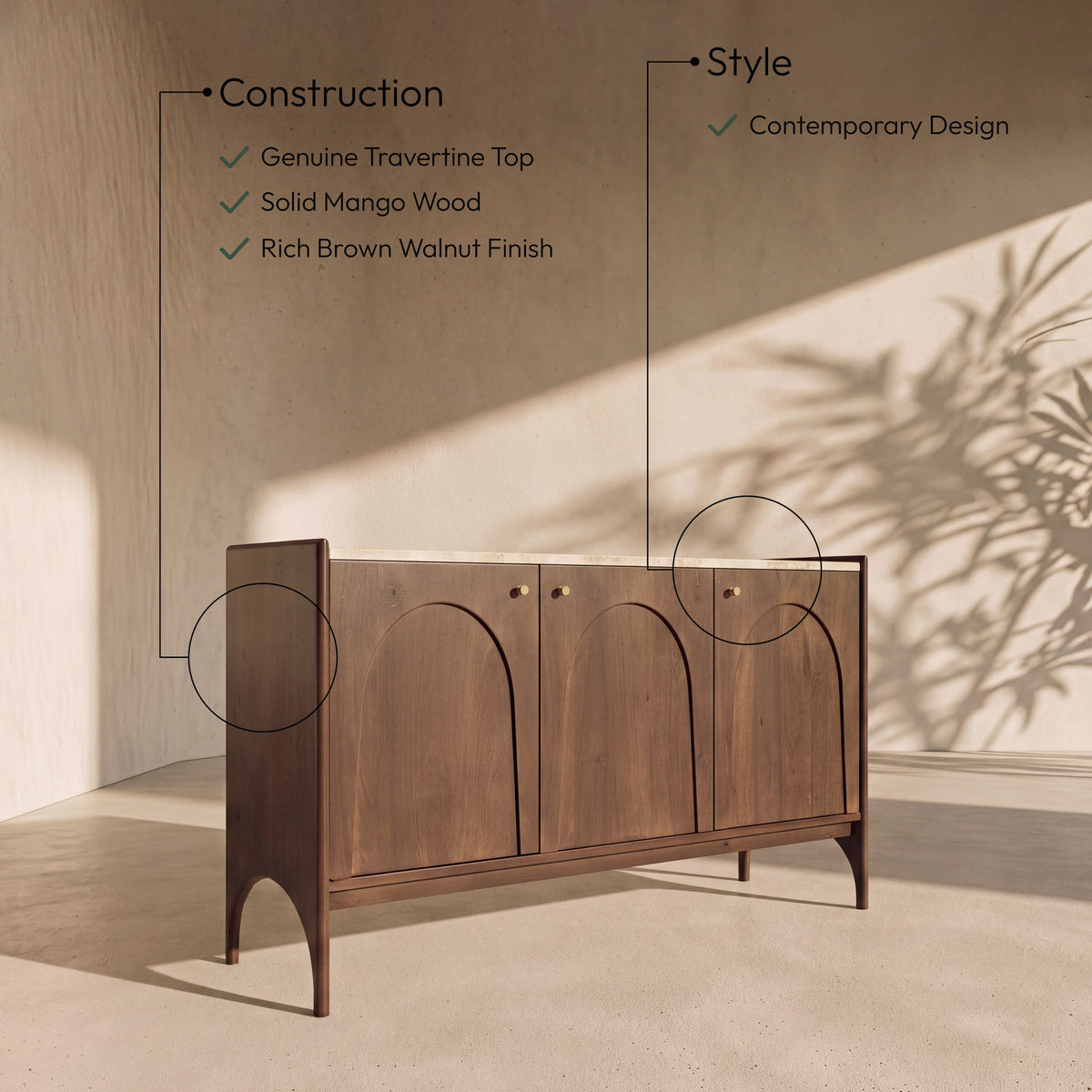 Veya - 57" Genuine Marble And Mango Wood Sideboard / Buffet