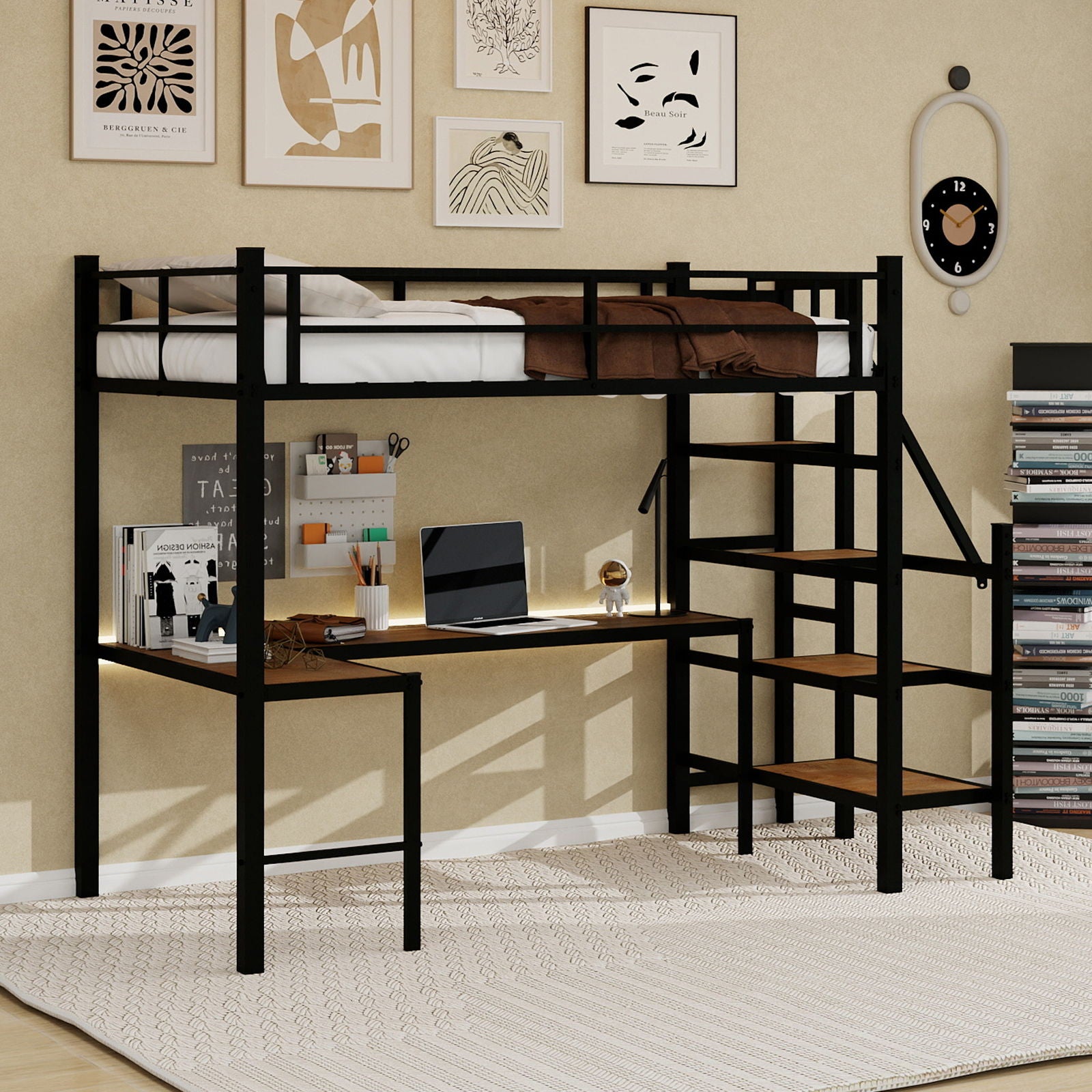 Loft Bed & L-Shaped Desk, Large Storage Space