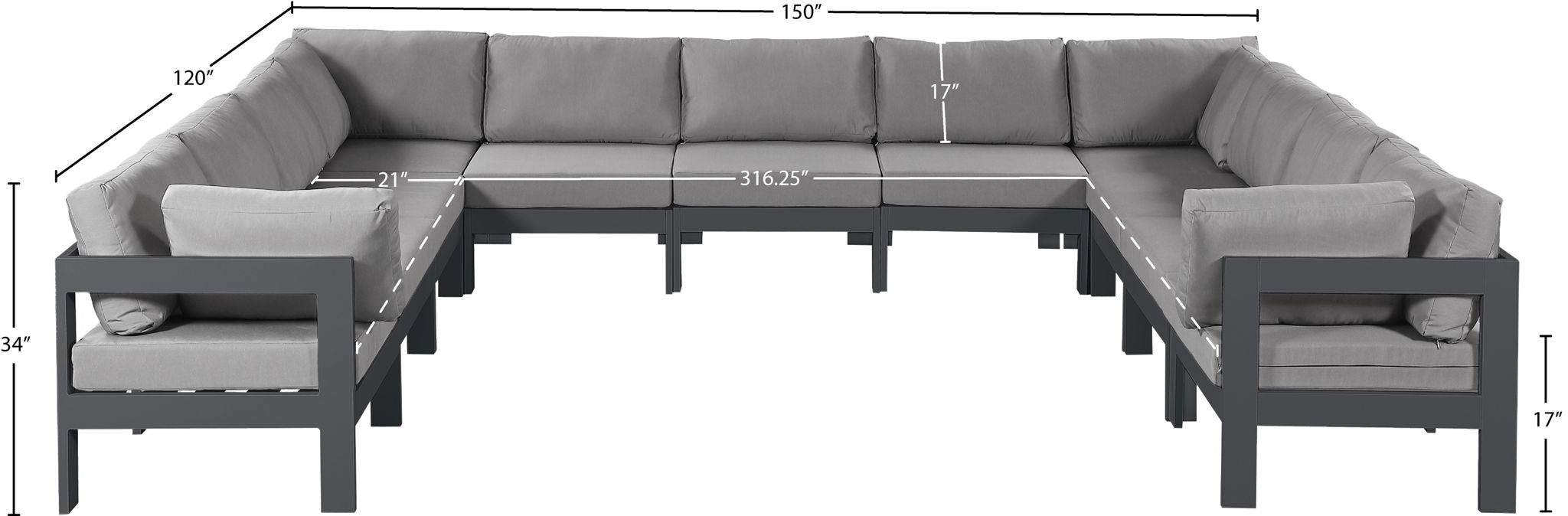 Nizuc - Outdoor Patio 11 Piece Modular Sectional With Gray Frame