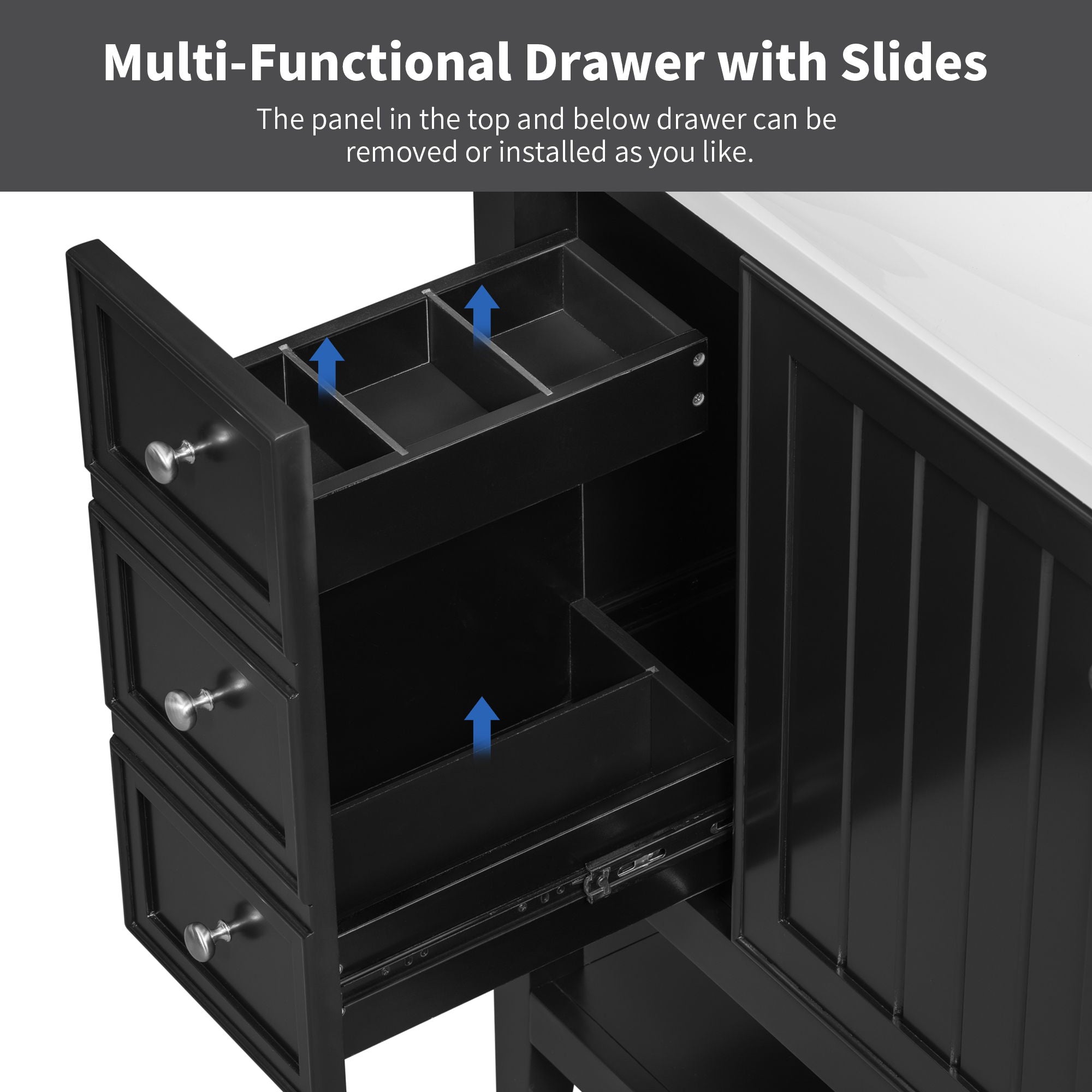 36" Bathroom Vanity Base With 2 Cabinet And 3 Drawers - Black
