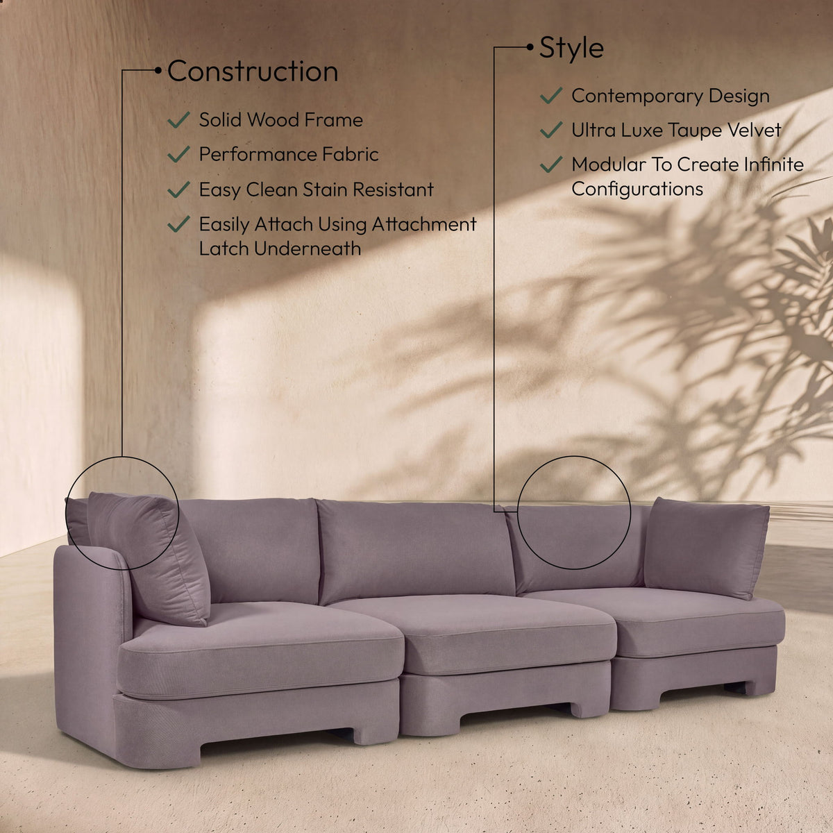 Hammond - Velvet Performance Fabric Upholstered 3 Piece Sofa