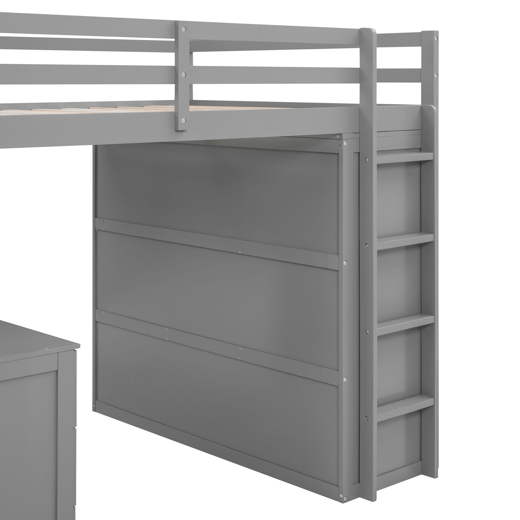 Full Size Loft Bed With Drawers, Desk, And Wardrobe - Gray