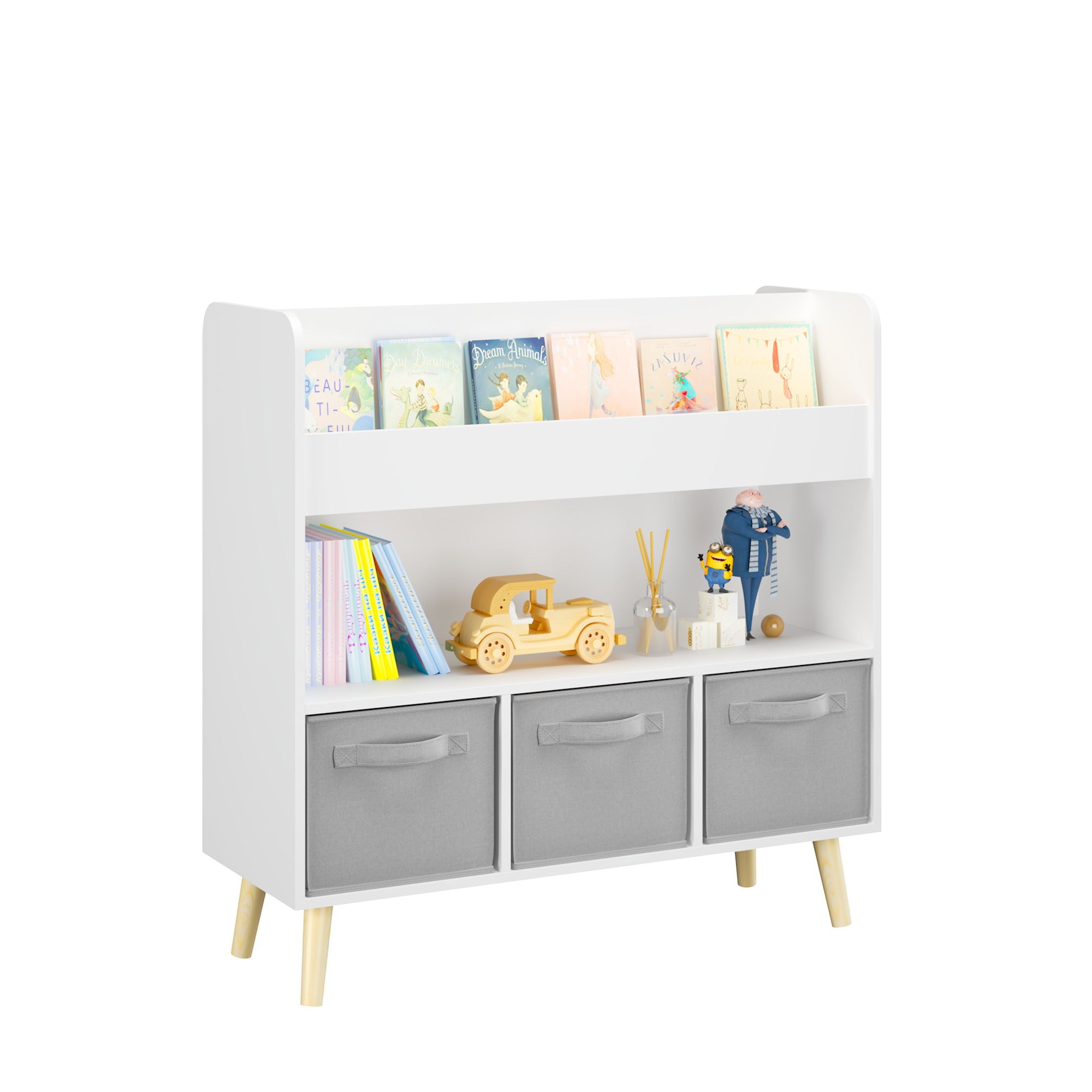 Bookshelf With 3 Bins, Storage Shelf For Toys And Books