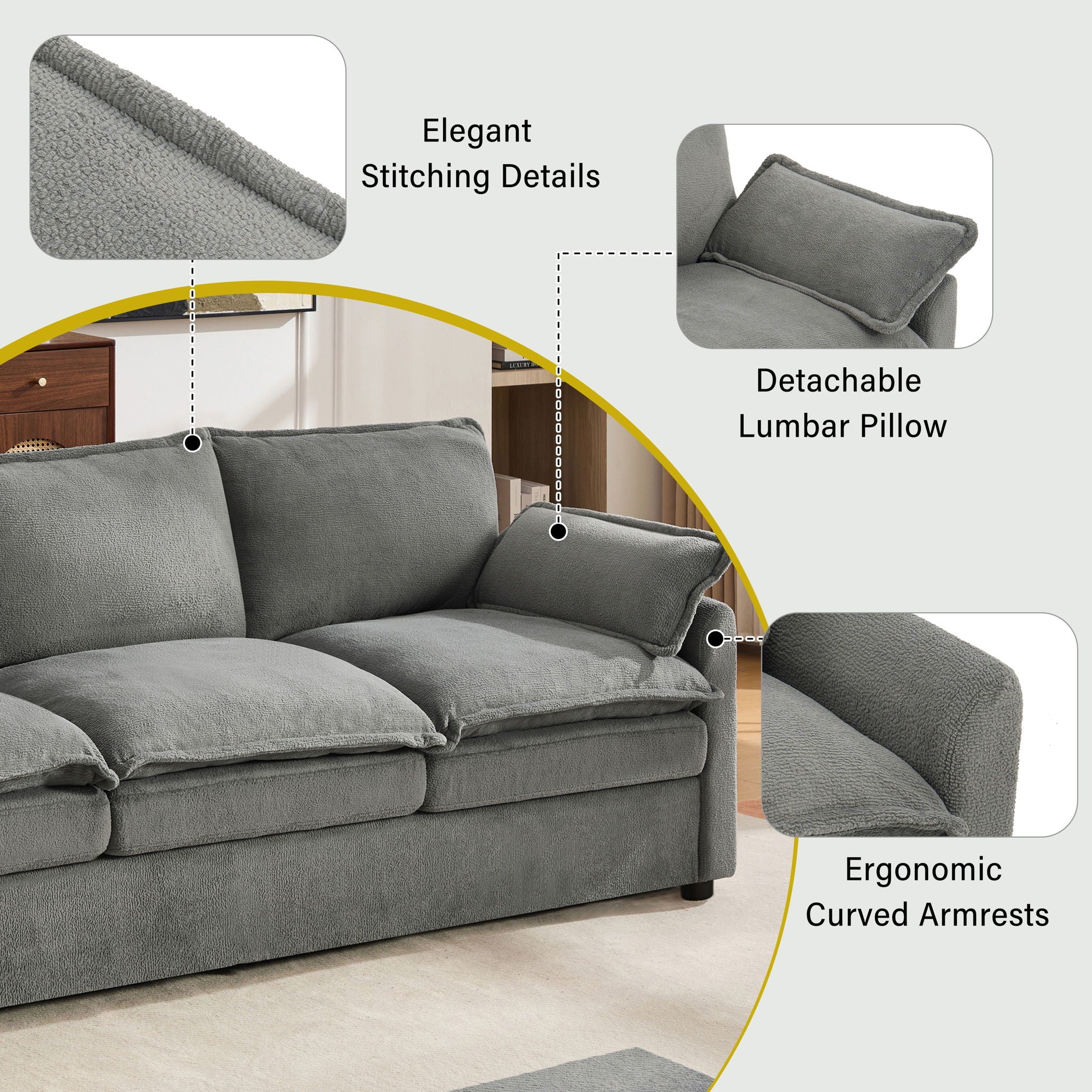 Modern Sofa Set With Double Layer Cushion And Side Storage Pockets