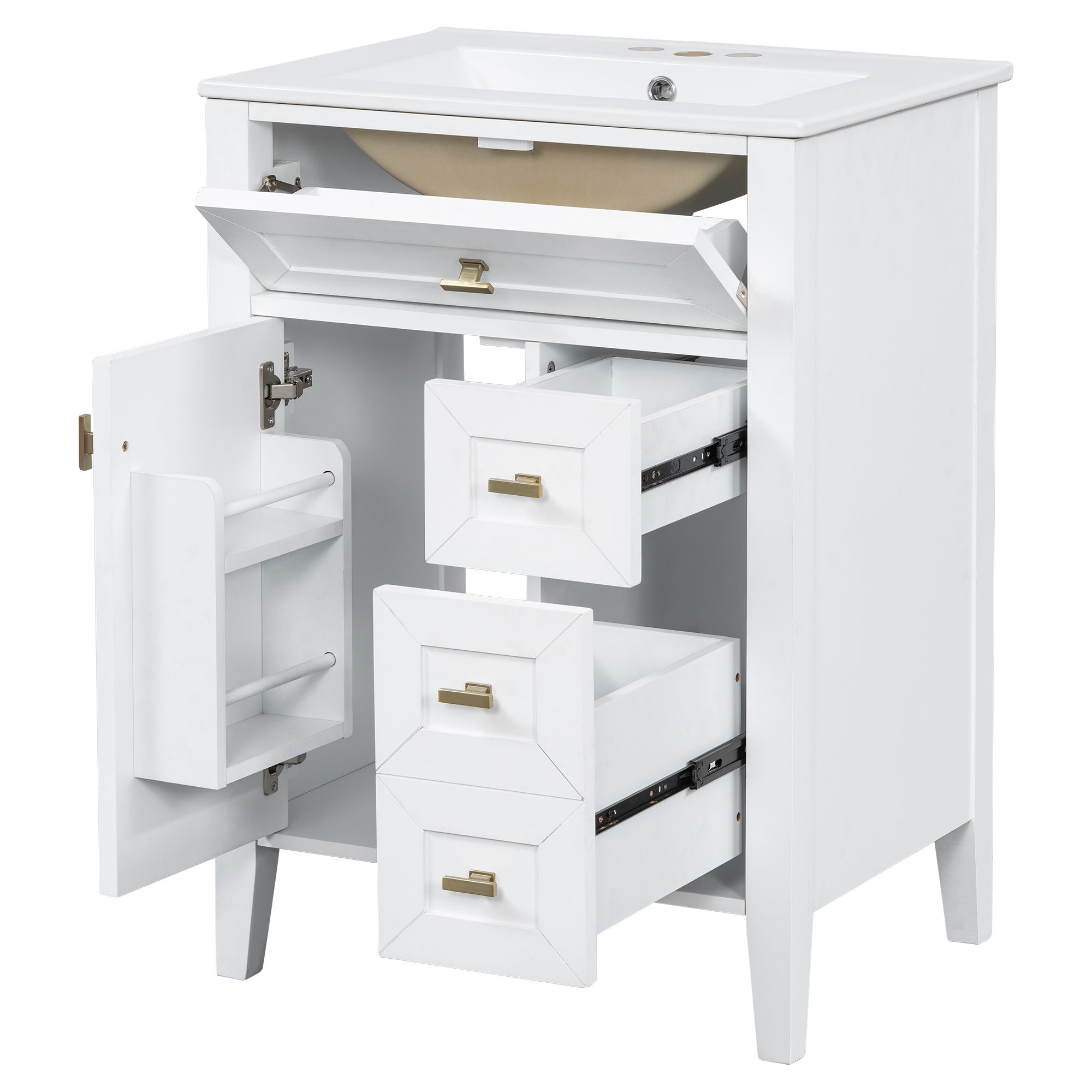 Bathroom Vanity With Sink, 3 Drawers & Cabinet With 2 Tier Door Storage Rack, Soft Close Doors & Drawers
