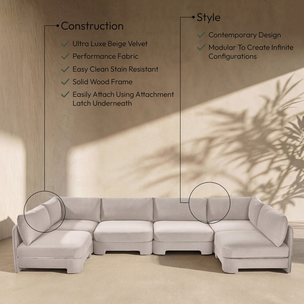 Hammond - Velvet Performance Fabric Upholstered 6 Piece U-Shaped Armless Sectional
