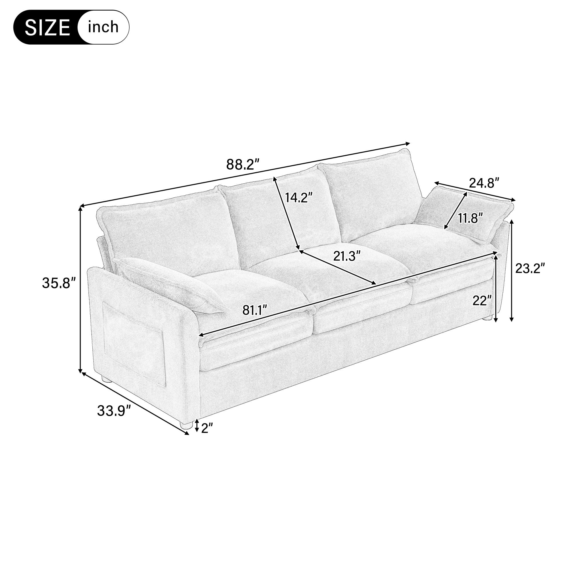 Modern Sofa Set With Double Layer Cushion And Side Storage Pockets