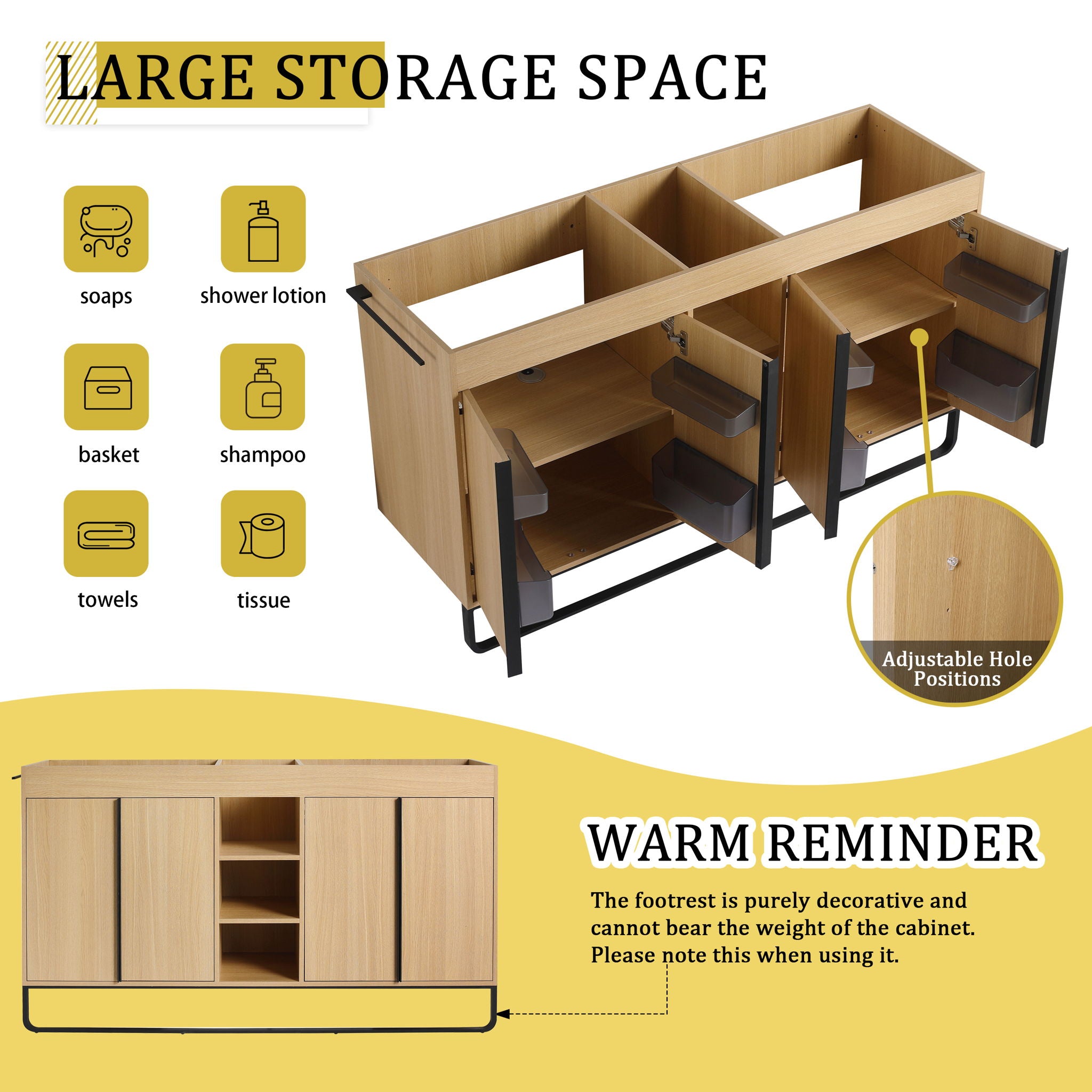 58" Freestanding Bathroom Cabinet With 4 Soft Close Doors & 3 Open Racks (Vanity Only, No Sink) - Oak