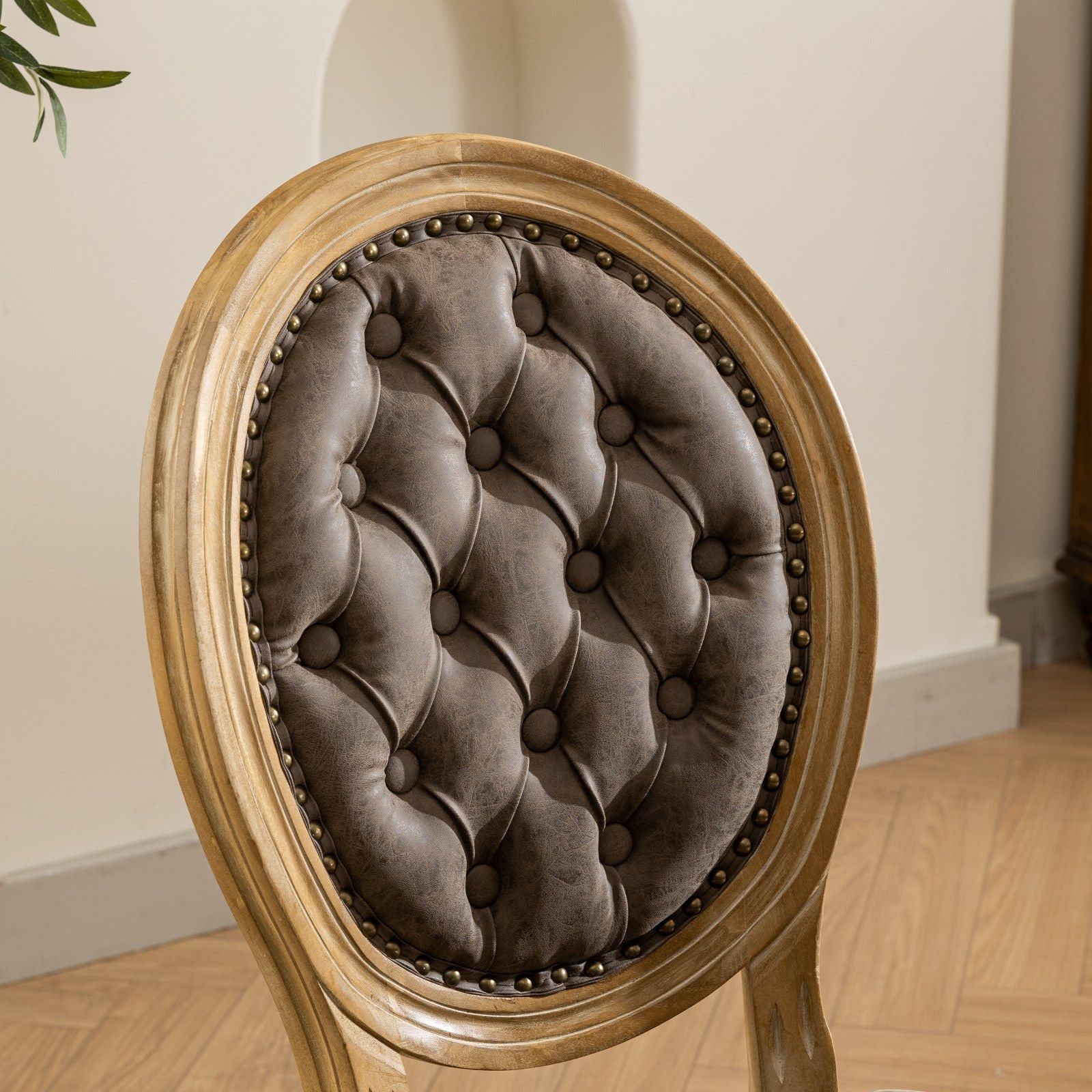 French Style Solid Wood Frame Antique Painting, Hand-Pulled Buckle Decoration Artificial Dining Chair With Nailhead Trim, Wood Legs