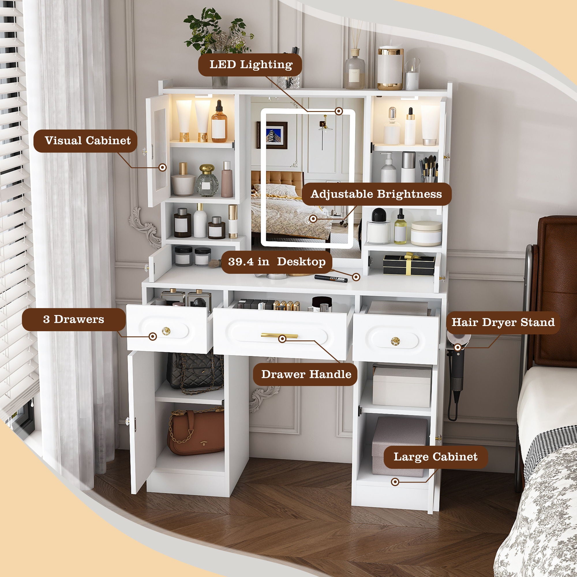 Large Vanity Table Set With Mirror, 6 Drawers & Shelves, Power Socket, Hair Dryer Holder, Cabinet Light, Dressing Desk - White