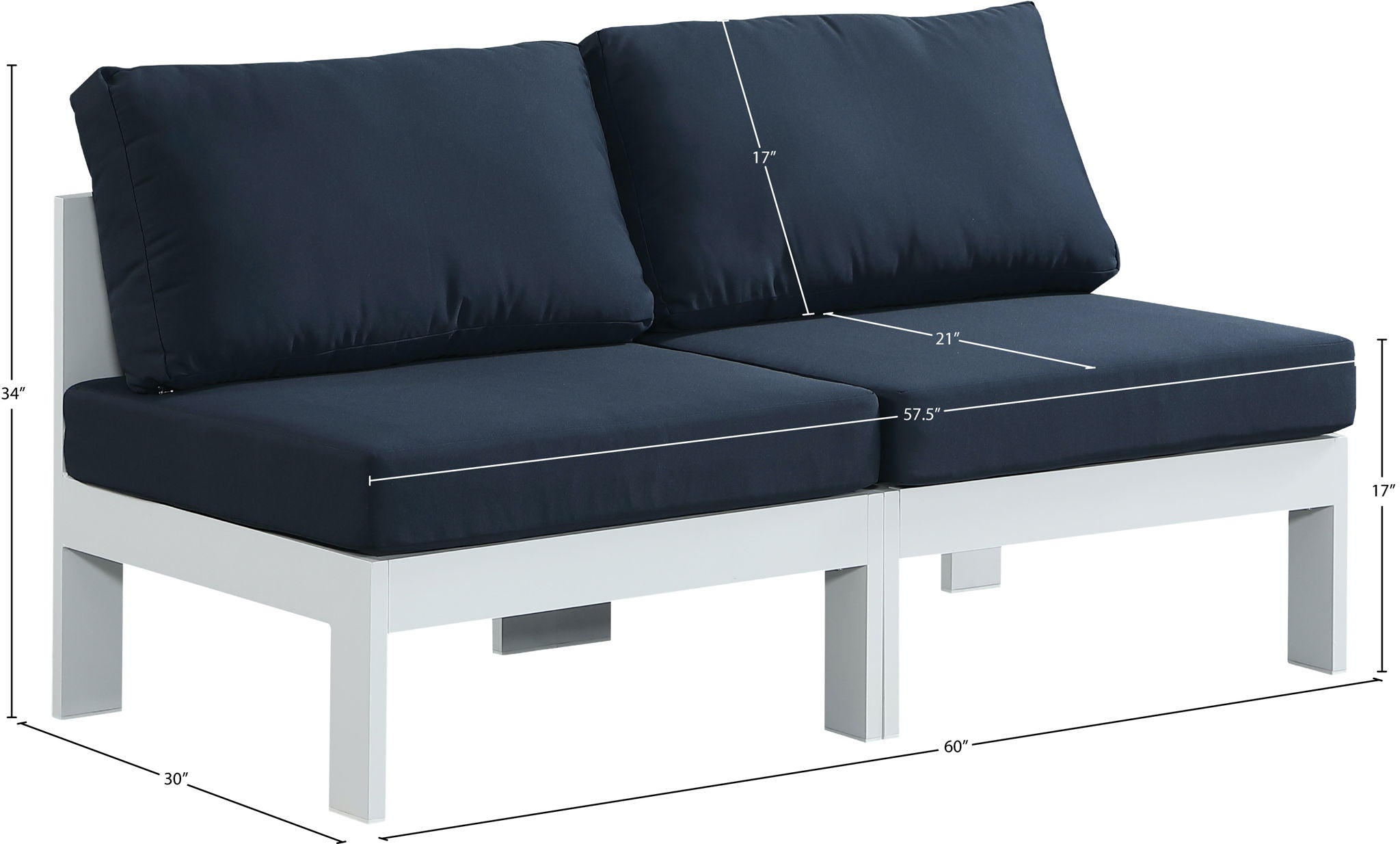 Nizuc - Outdoor Patio 2 Seat Armless Modular Sofa With White Frame