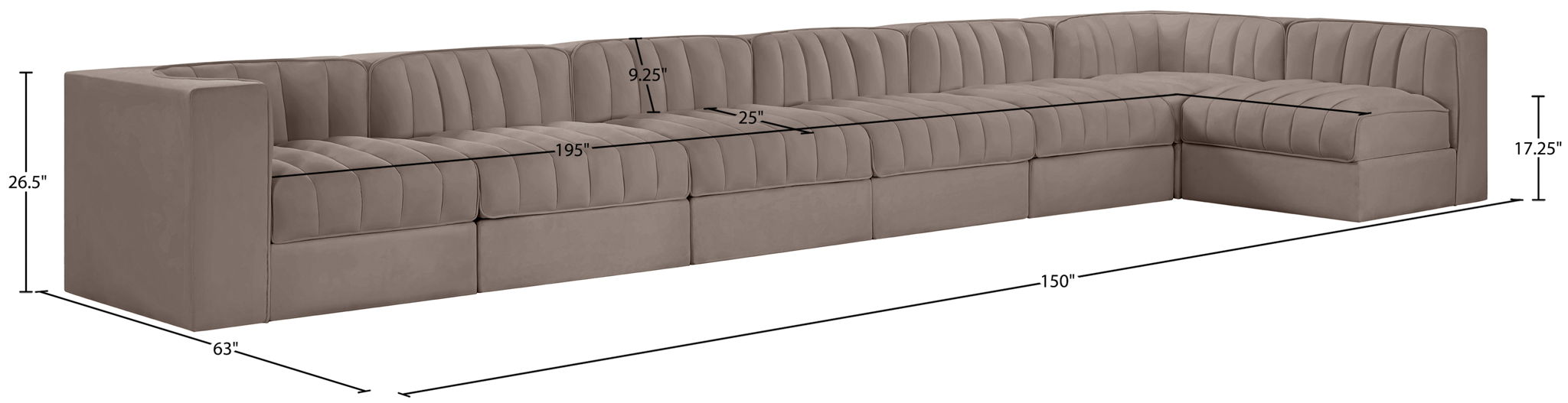 Rummi - Velvet Performance Fabric Upholstered 7 Piece Modular Sectional, L-Shaped (Right)
