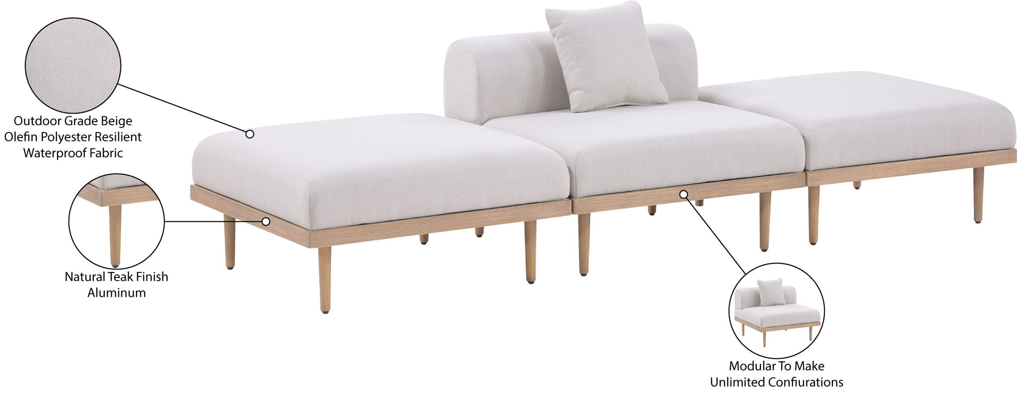 Laguna - 3 Piece Resilient Water Resistant Fabric Outdoor Patio Armless Modular Sofa