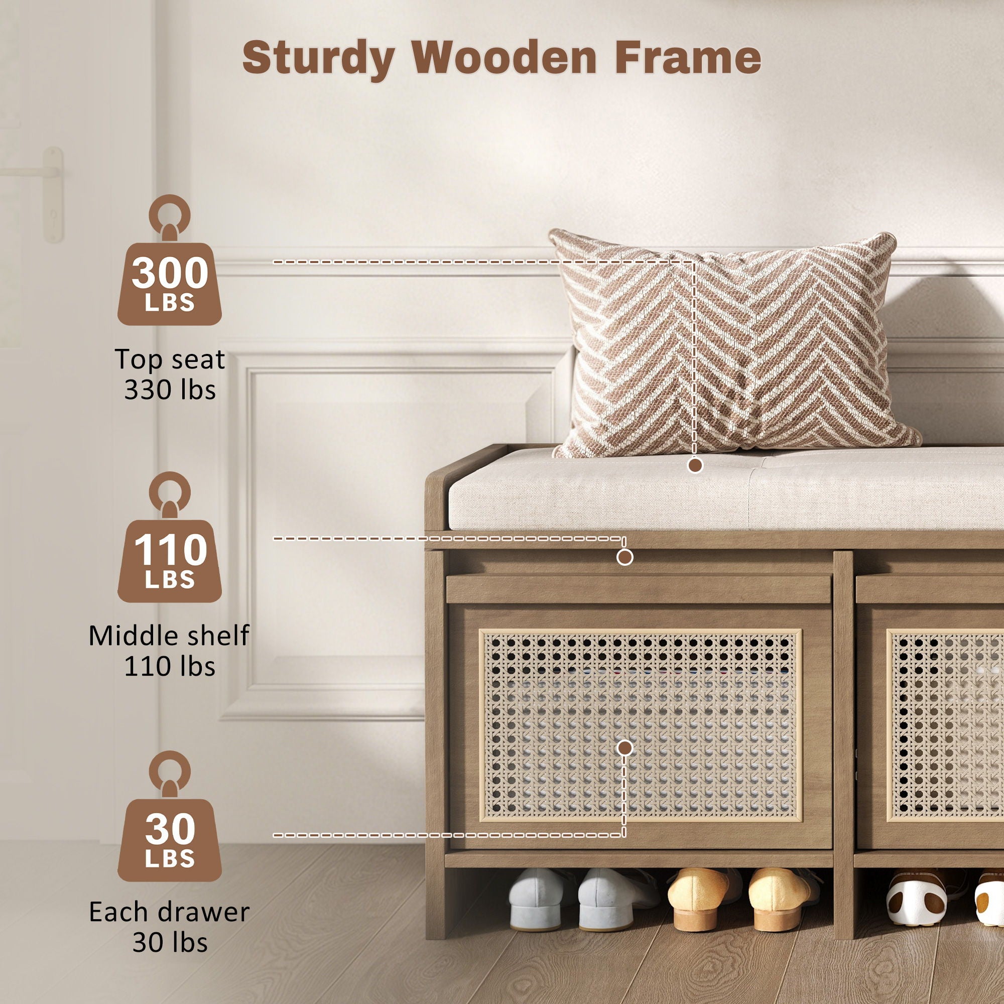 Entryway Shoe Bench With Drawers & Button Tufted Cushion
