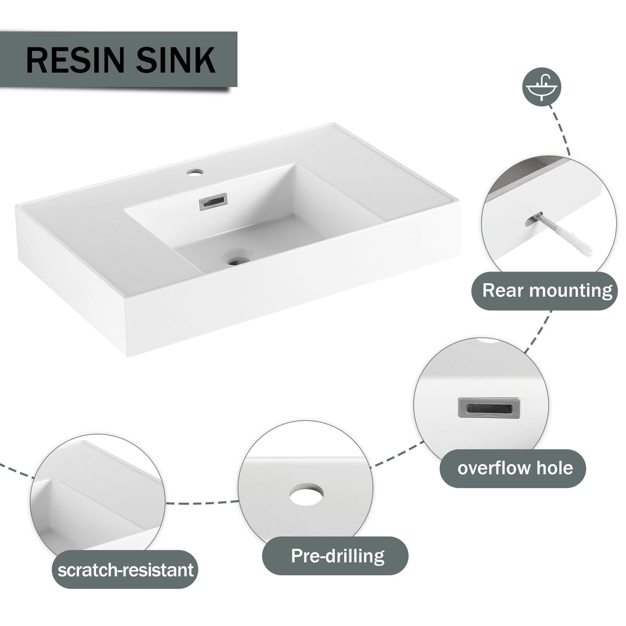Modern Wall Mounted Bathroom Vanity With Resin Sink, Soft Close Drawer - Imitative Oak