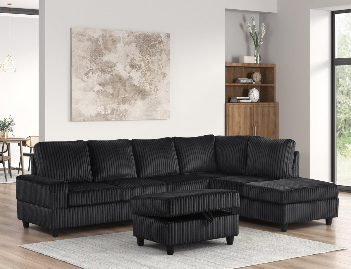 Arosa Black Reversible Sectional with Storage Ottoman