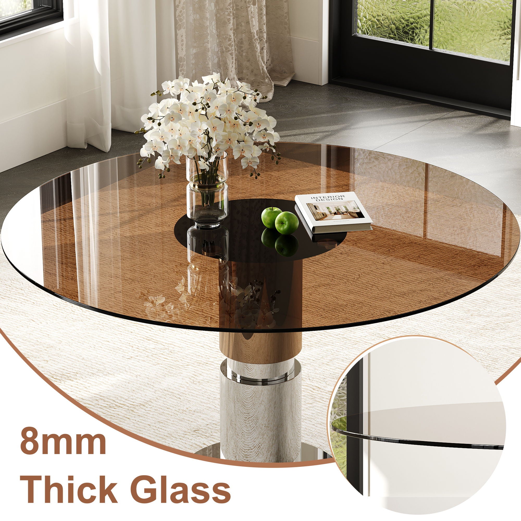 Round Dining Table / Tempered Glass Top - Brown
