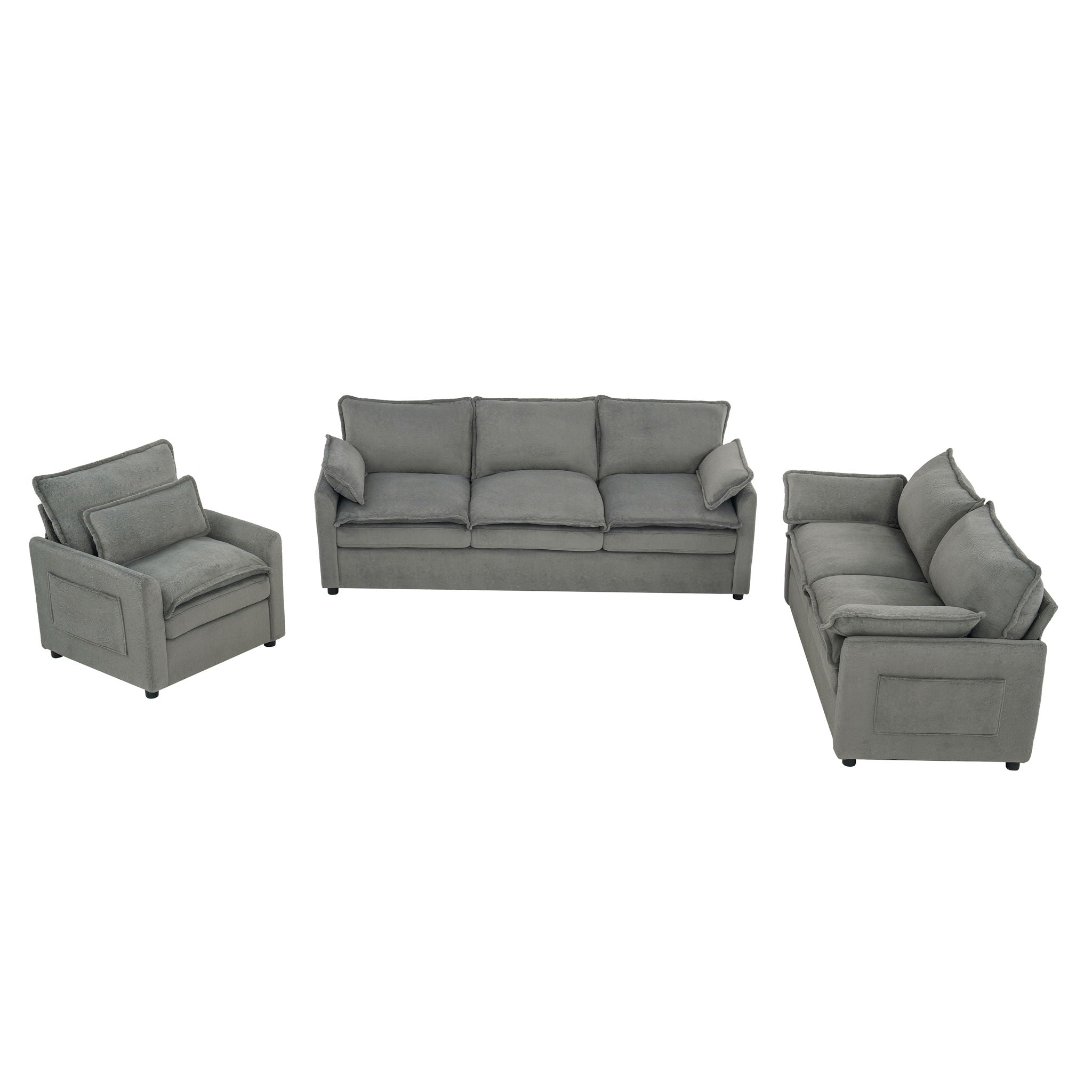Modern Sofa Set With Double Layer Cushion And Side Storage Pockets