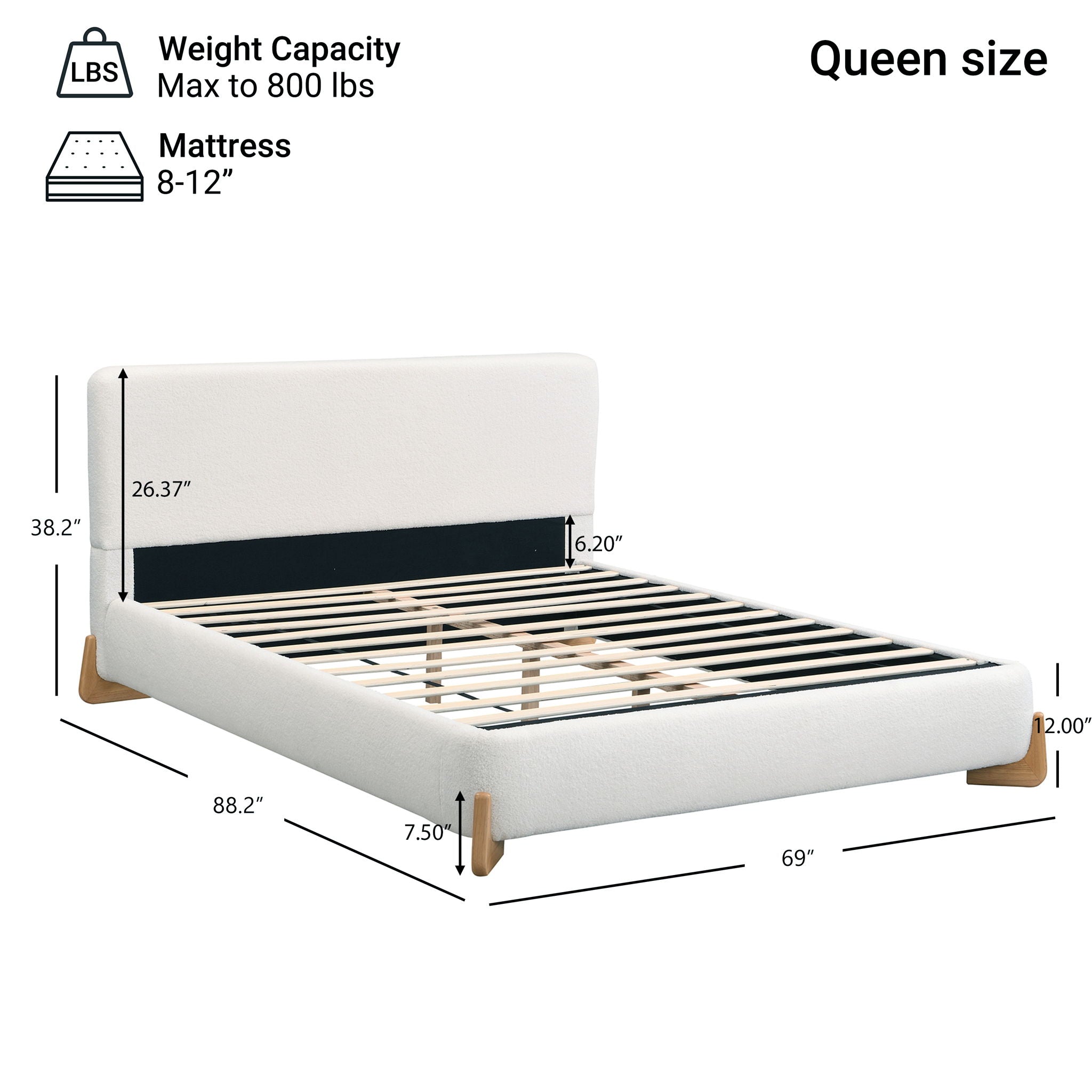 Queen Size Upholstered Bed With Slat Support - White