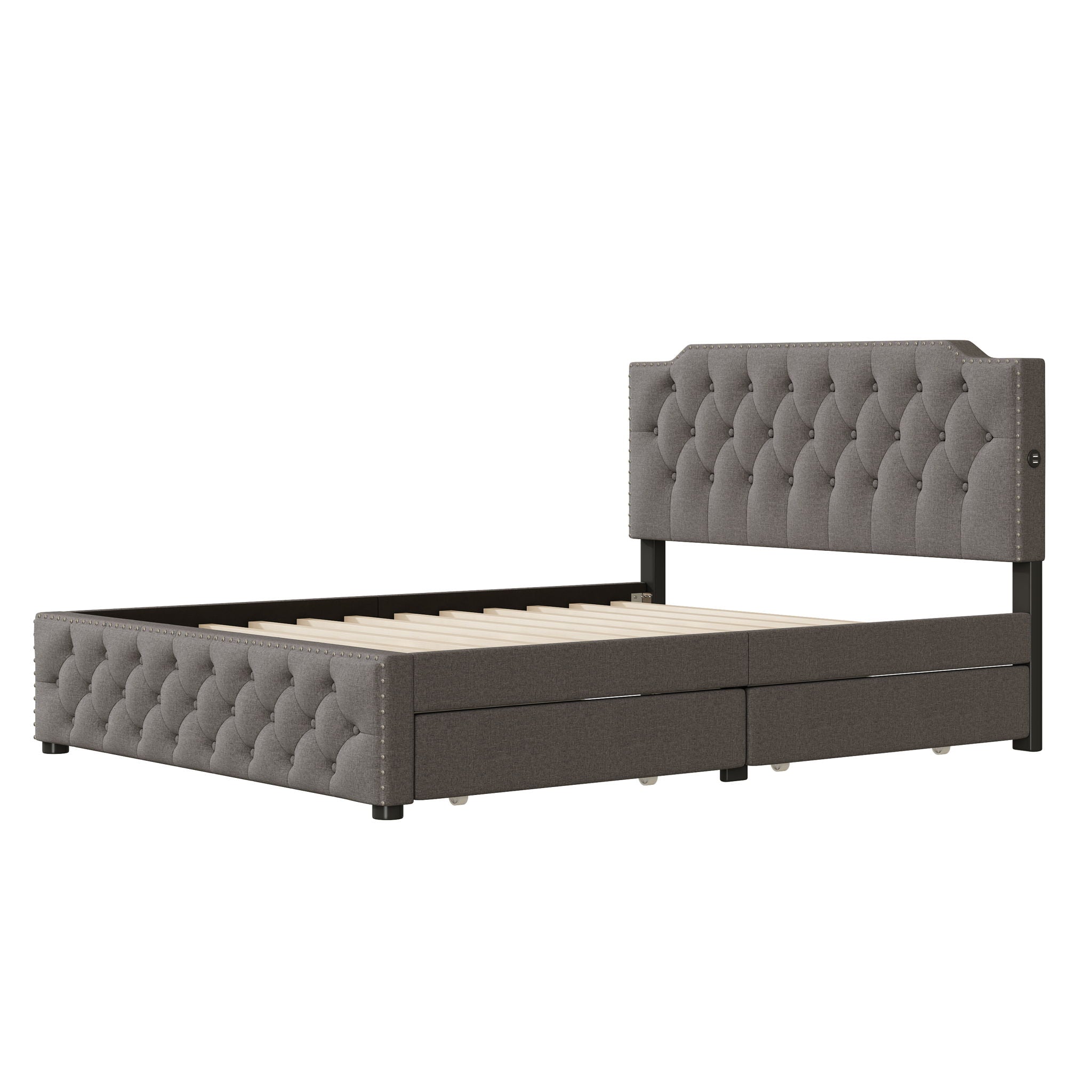 Upholstered Platform Bed With 2 Drawers And 2 Sets Of USB Ports On Each Side, Fabric