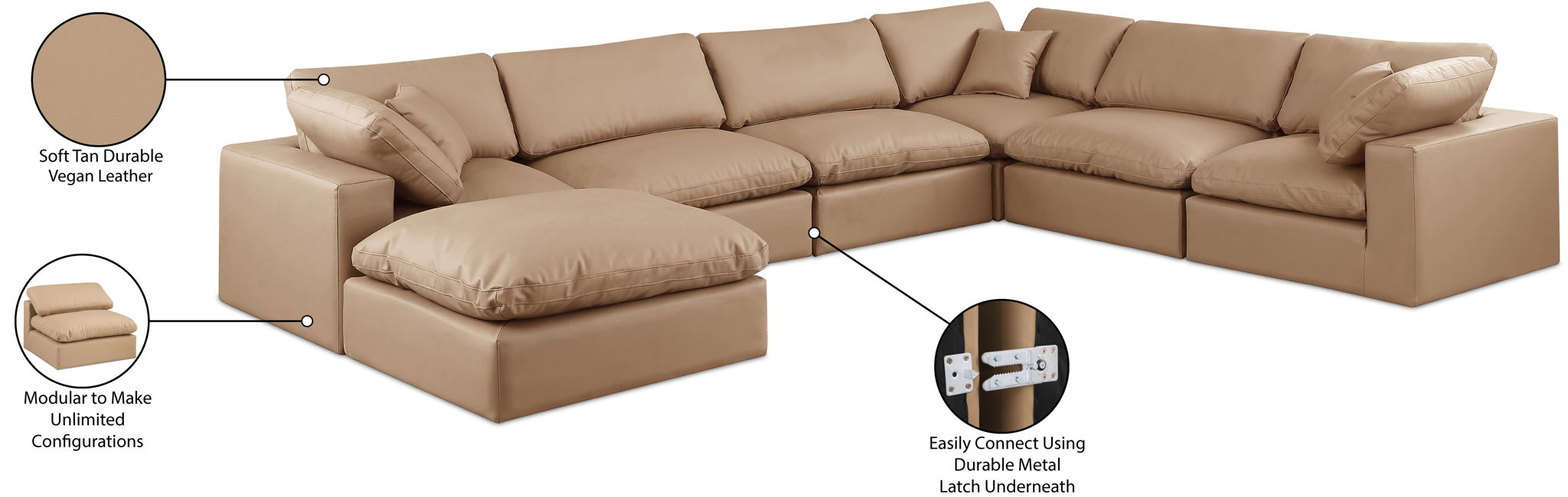 Comfy - 7 Piece Faux Leather Modular Sectional With Chaise - Tan