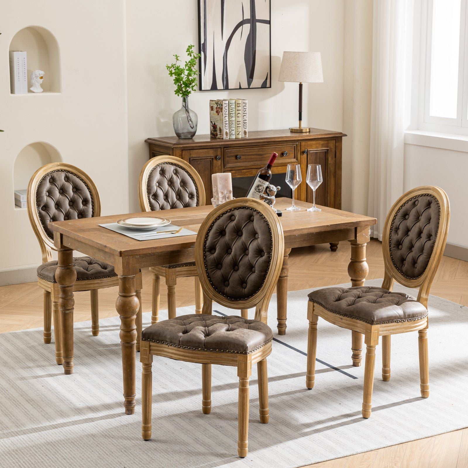 French Style Solid Wood Frame Antique Painting, Hand-Pulled Buckle Decoration Artificial Dining Chair With Nailhead Trim, Wood Legs