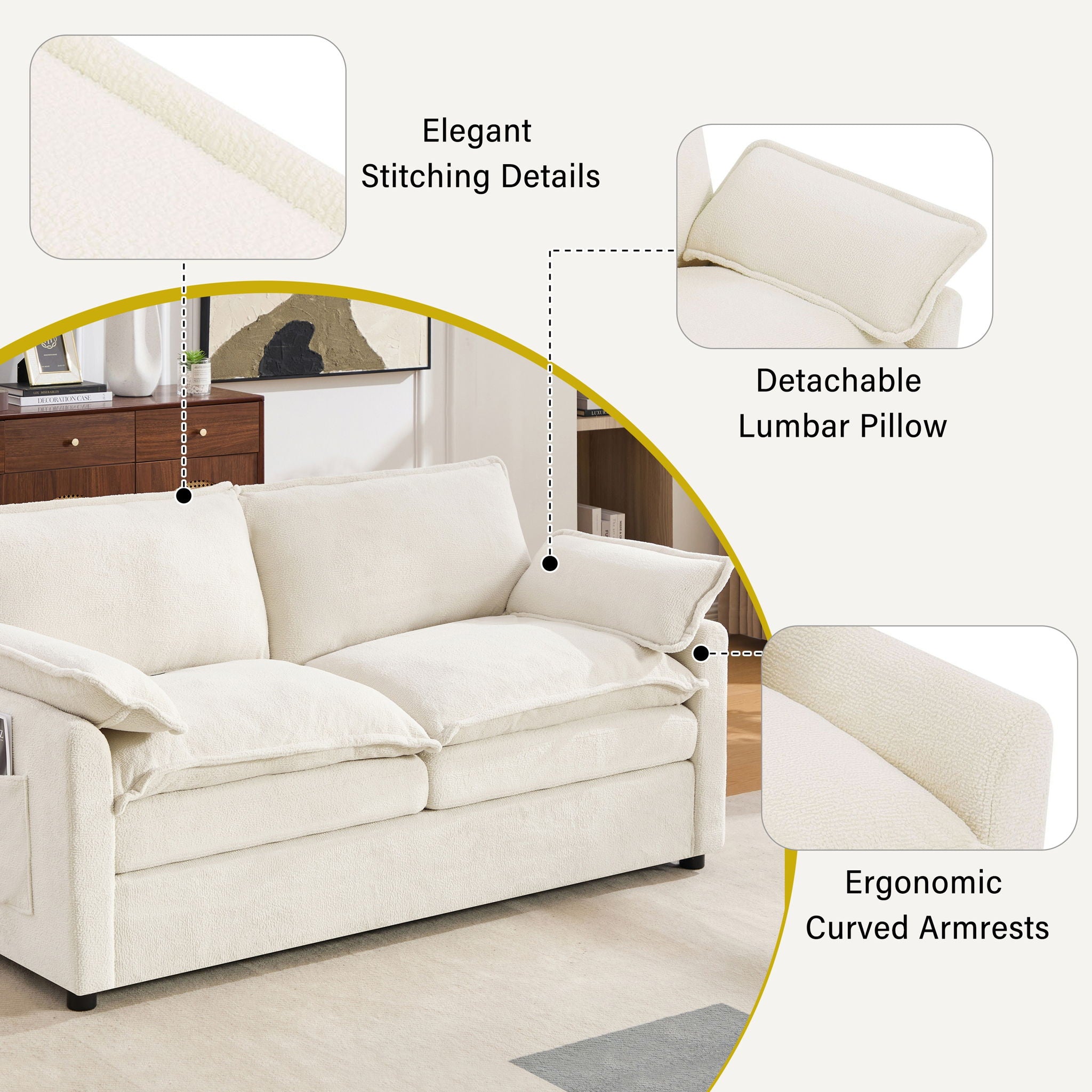 Modern Loveseat Sofa, Upholstered Couch With Side Storage Pockets