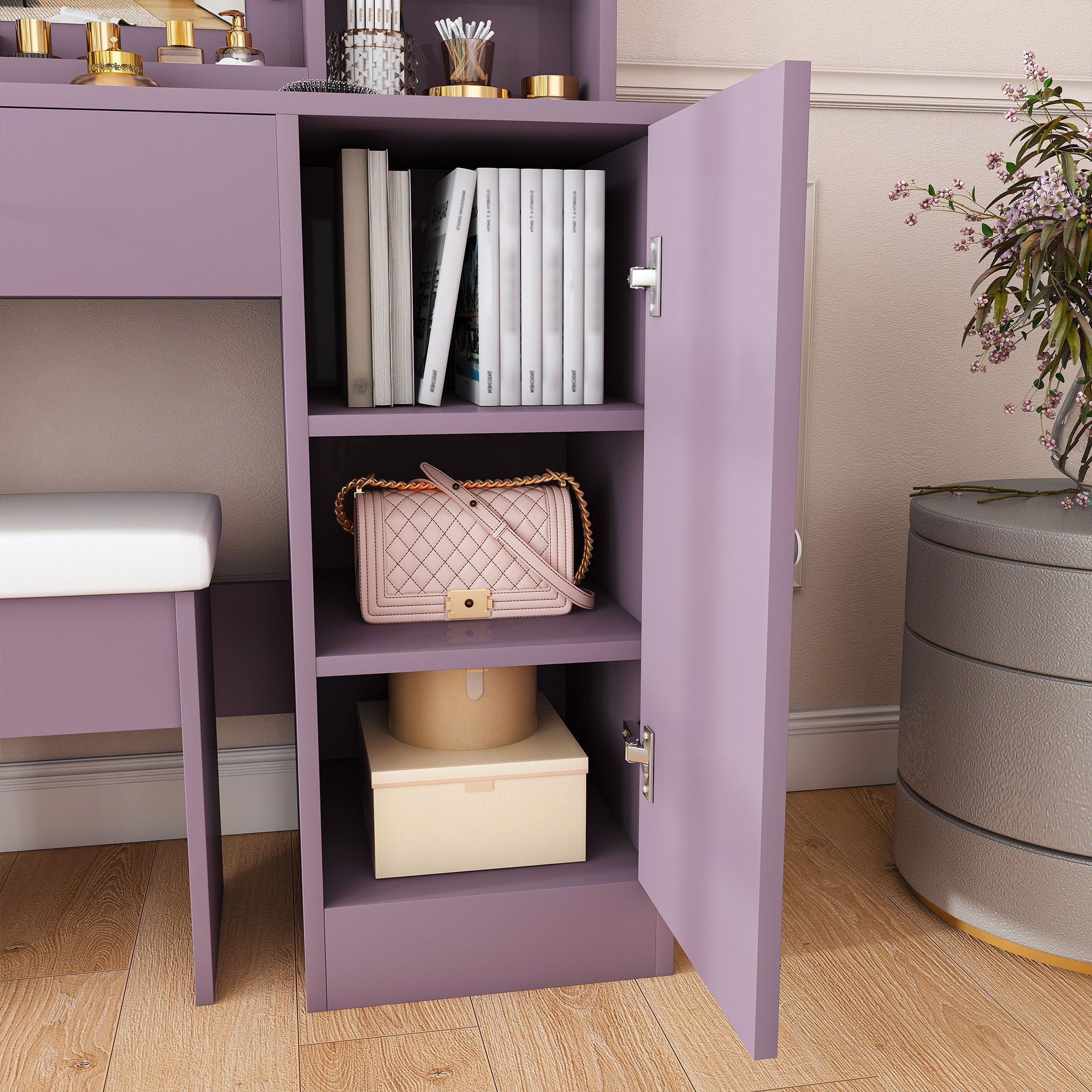 Vanity Desk Set With Padded Stool And Adjustable LED Mirror, 3 Color Light Modes - Purple