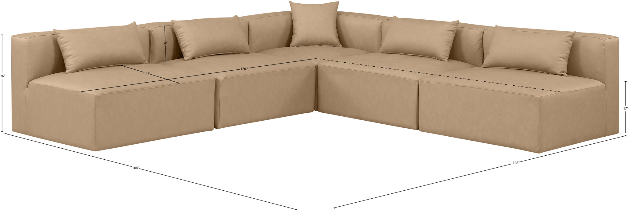 Cube - 5 Piece Modular Corner Armless Sectional - Tan