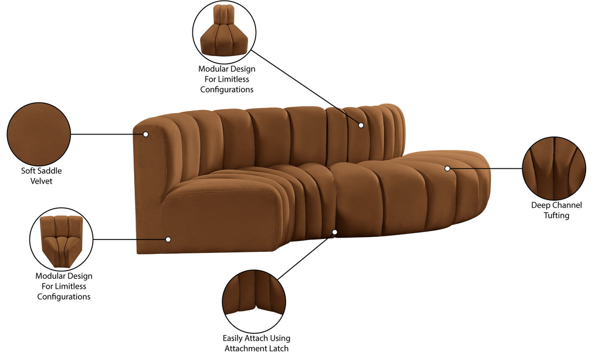 Arc - Velvet 4 Piece L-Shaped Modular Sofa - Saddle