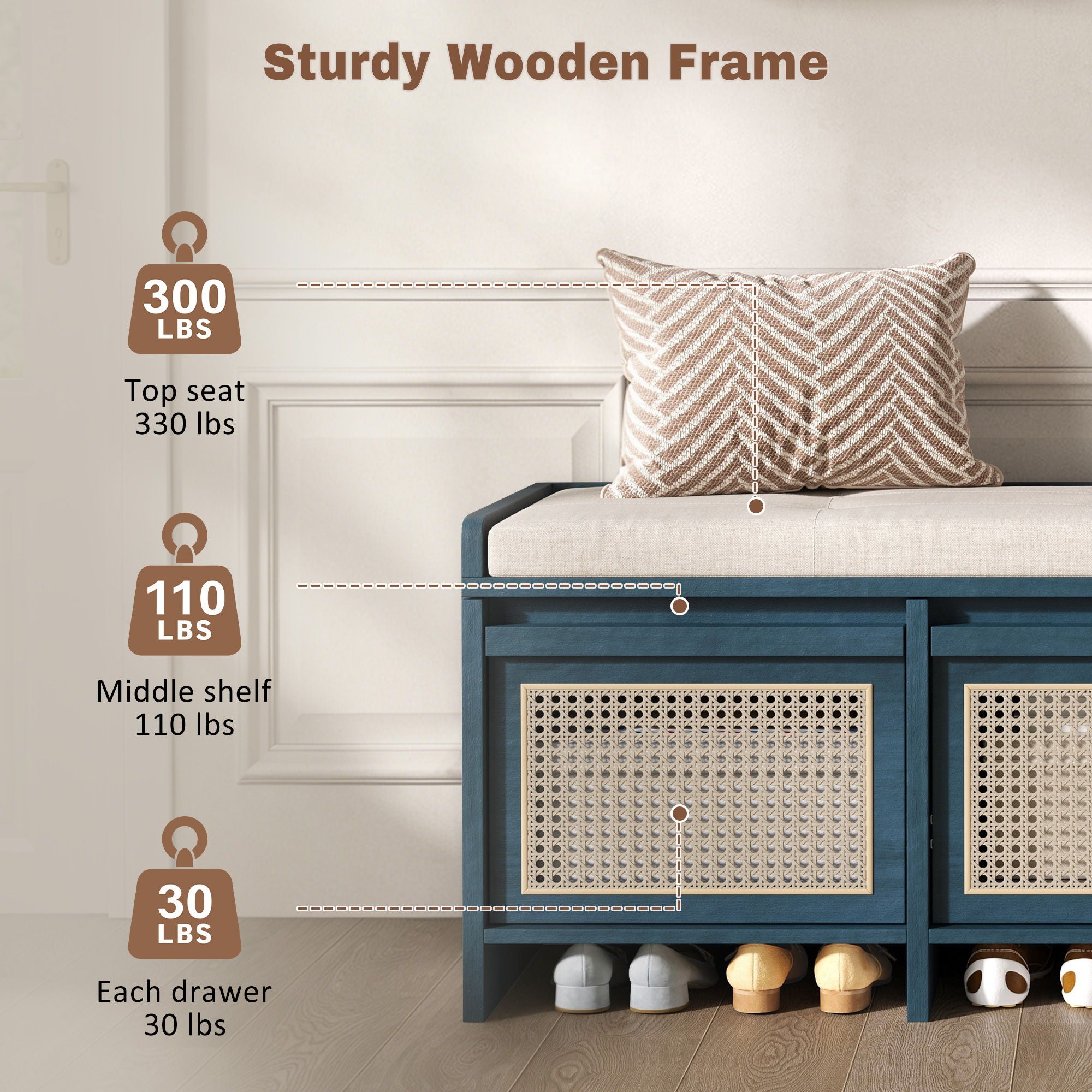 Entryway Shoe Bench With Drawers & Button Tufted Cushion