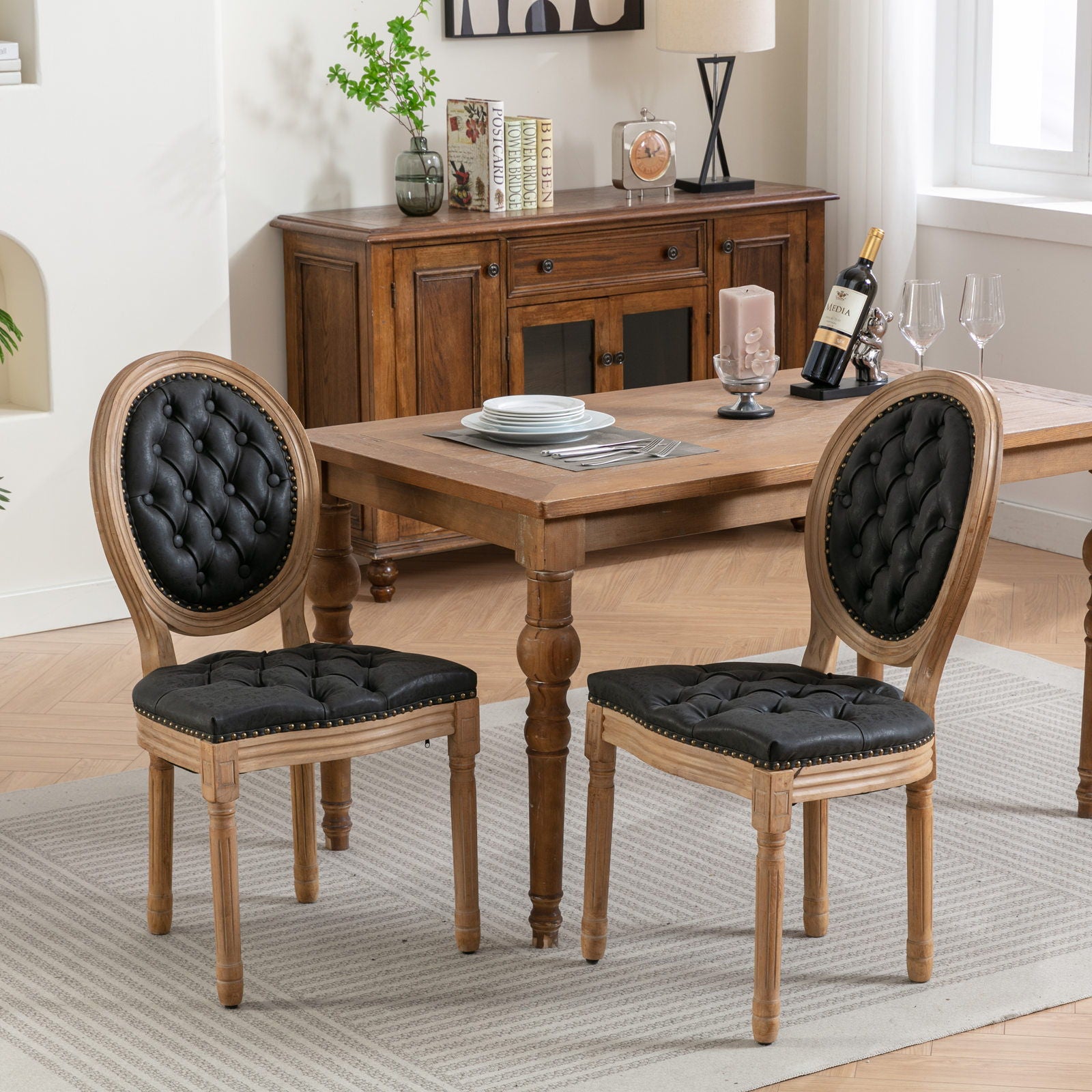 French Style Solid Wood Frame Antique Painting, Hand-Pulled Buckle Decoration Artificial Dining Chair With Nailhead Trim, Wood Legs