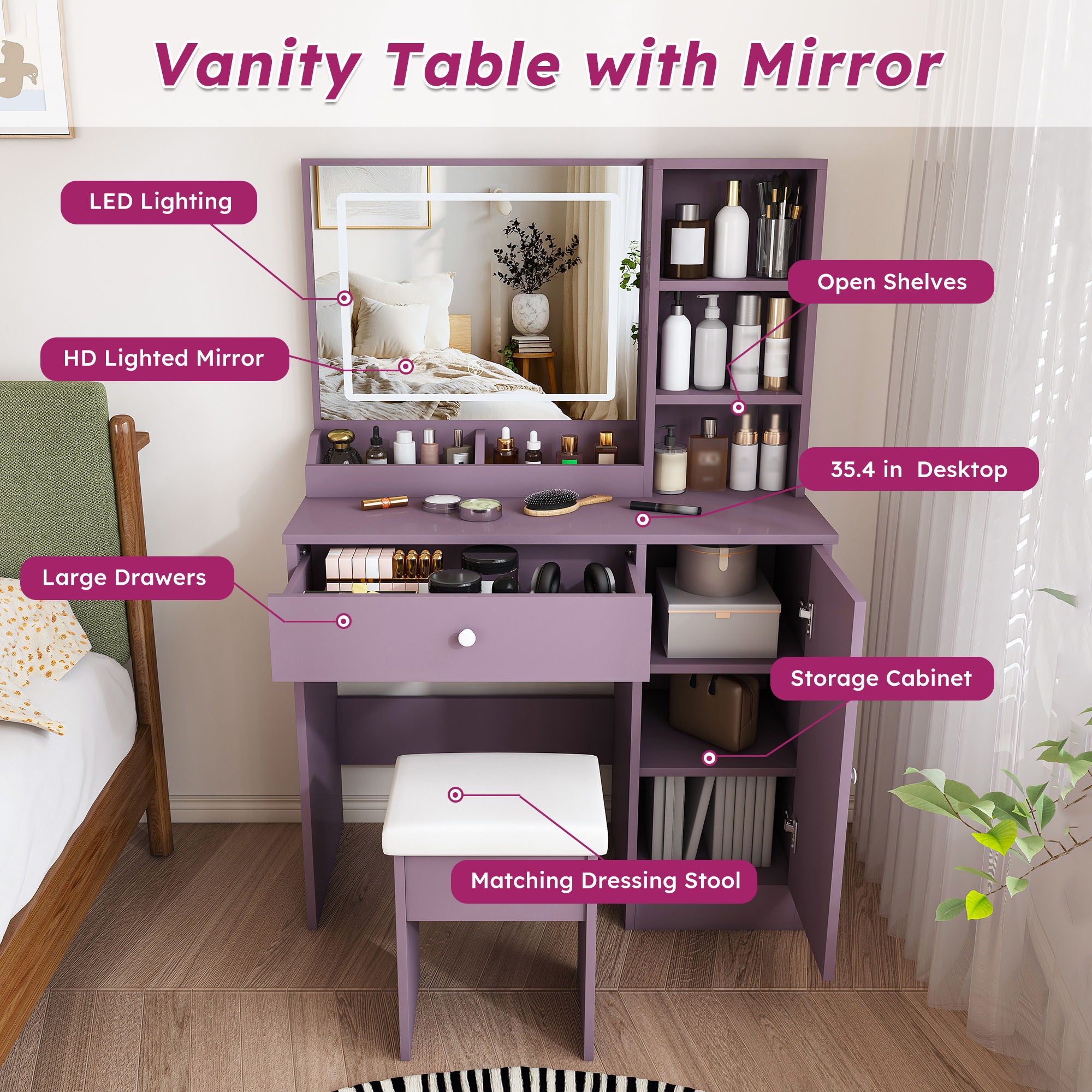 Vanity Desk Set With Padded Stool & Adjustable LED Mirror, 3 Color Mode Lighting, Compact For Bedroom - Purple