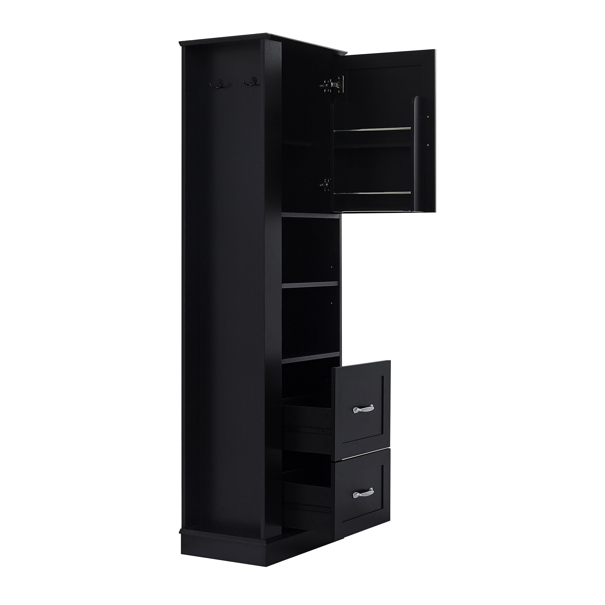 Freestanding Bathroom Storage Cabinet With Adjustable Shelves And Side Hooks Board, Rectangle Design