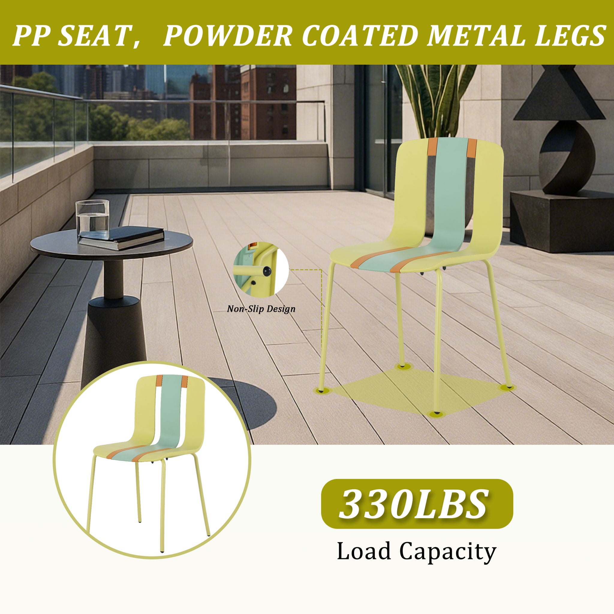 4 Piece Set Of Color Block Designed Single Chairs With Round Table - Grain Yellow / Haze Green / Tropical Orange / White
