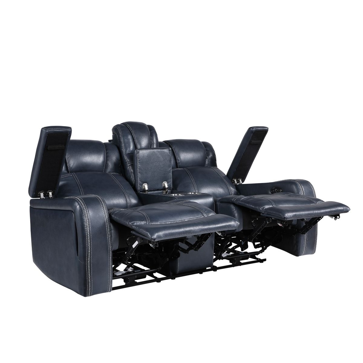 Keziah - Power Double Reclining Loveseat With Center Console, Power Headrests And Storage Arms - Blue