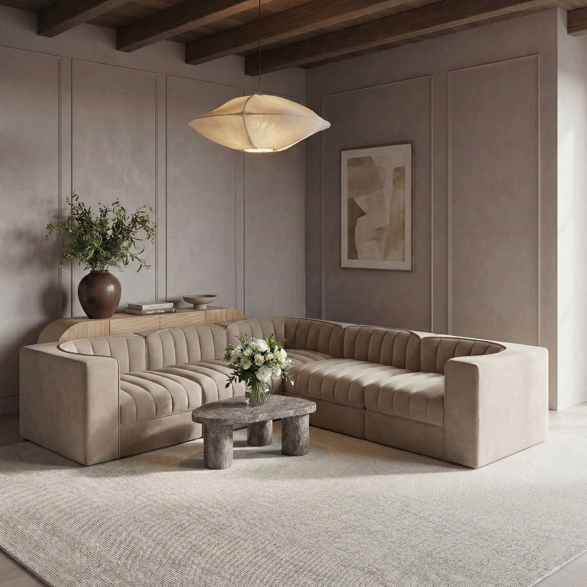Rummi - Symmetrical Velvet Performance Fabric Upholstered 5 Piece Modular Sectional