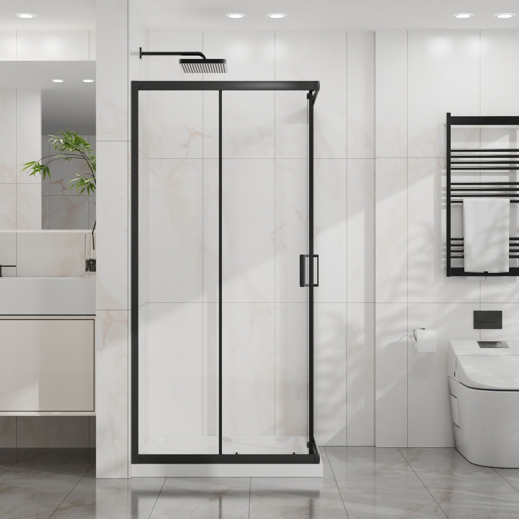 Corner Shower Enclosure, Double Sliding Door & Shower Base - Matte Black