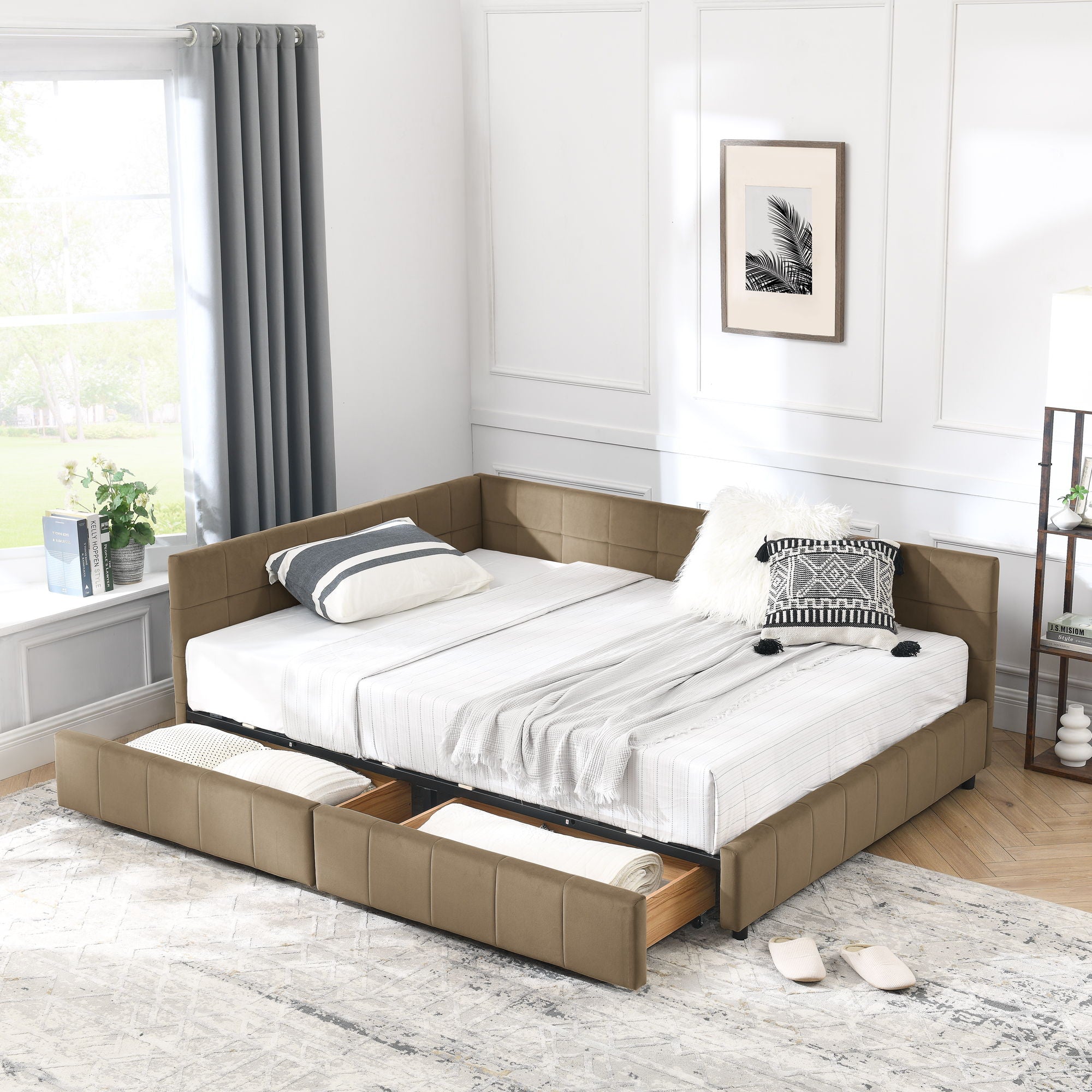 Storage Upholstered Tufted Bed Frame With Backrest And Armrests