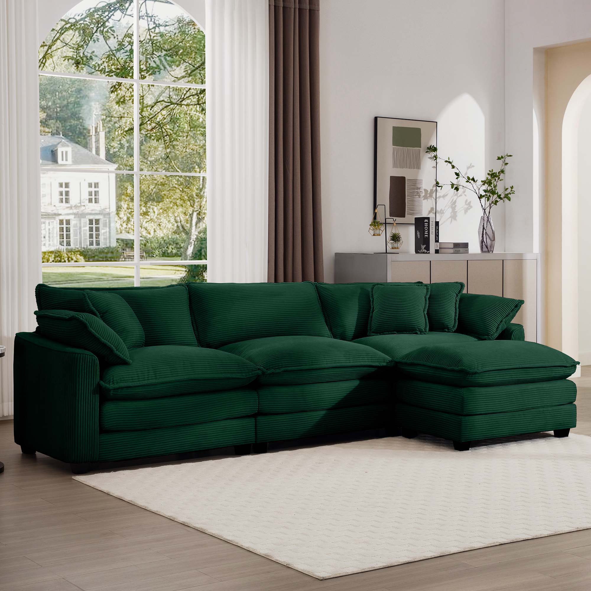 Modern Modular Cushion Sofa With Ottoman, Low Back, Deep Seating Sofa Set