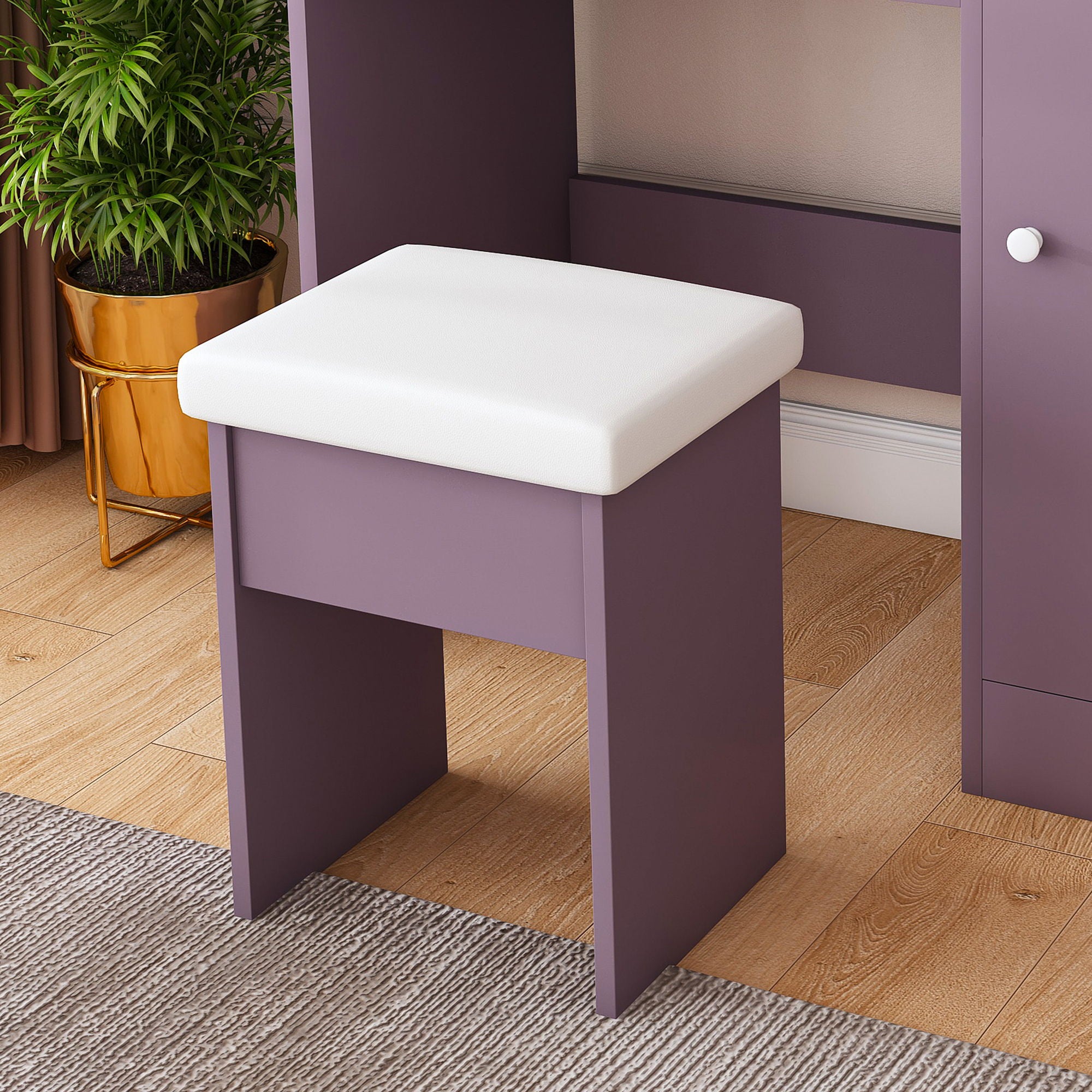 Vanity Desk Set With Padded Stool And Adjustable LED Mirror, 3 Color Light Modes - Purple