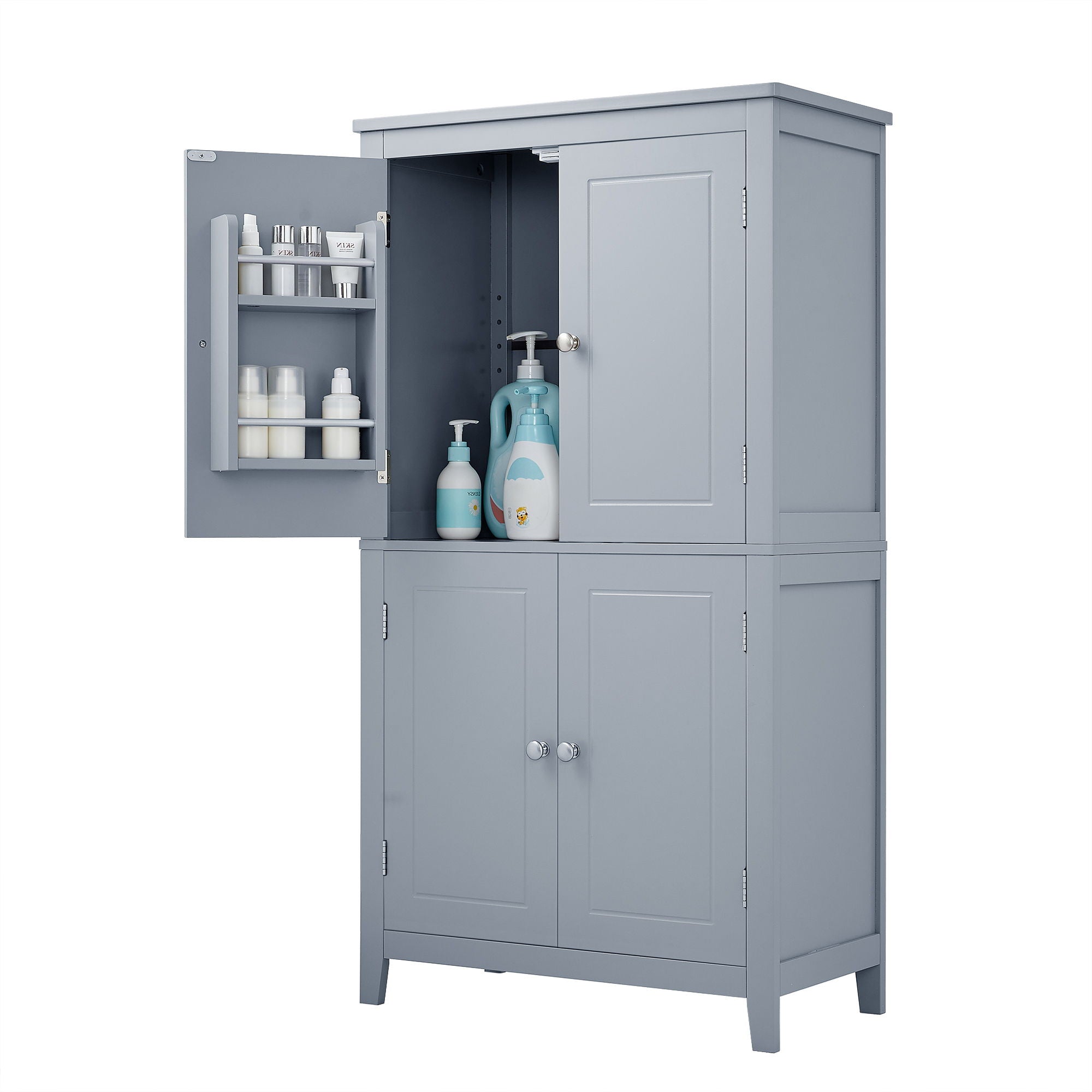 Elegant Bathroom Floor Storage Cabinet With 4 Doors, Adjustable Shelves