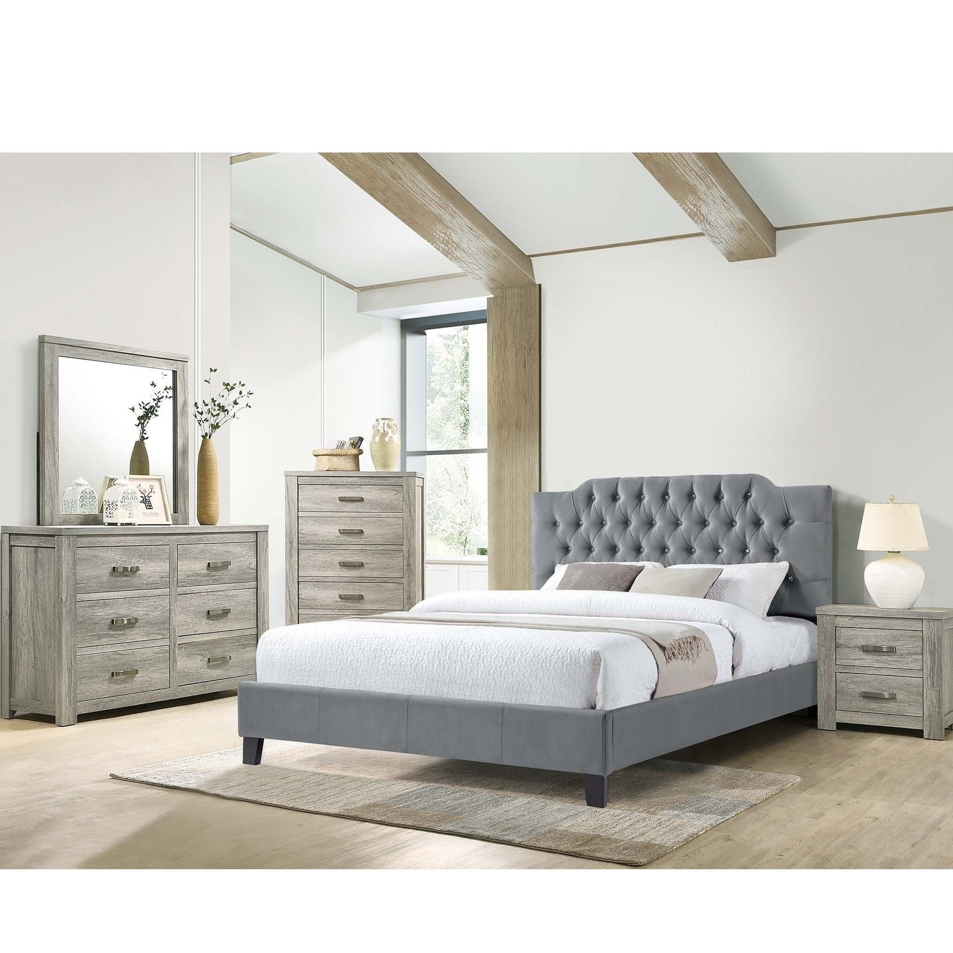 Modern Bed Frame With Tufted Upholstered Headboard