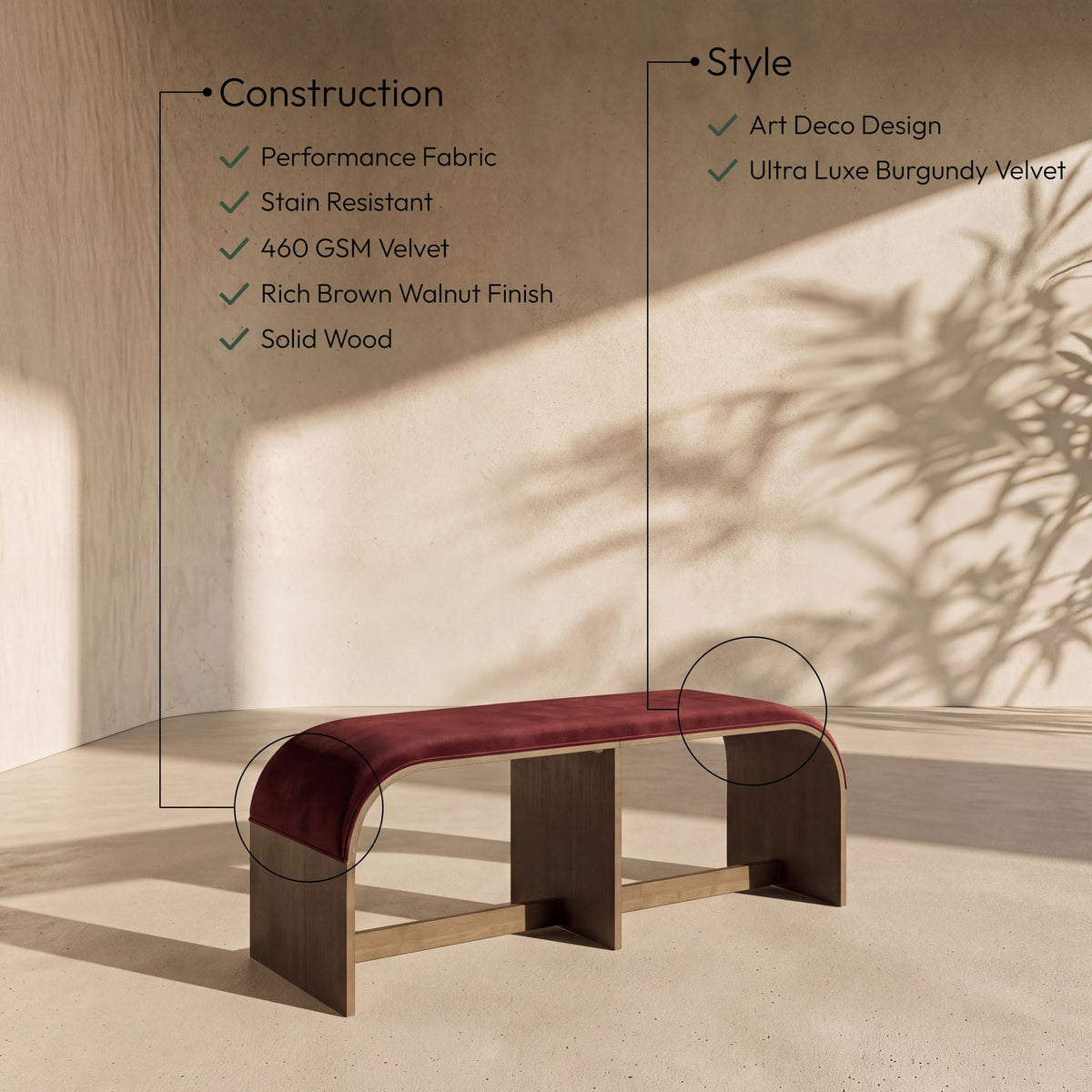 Sable - 52" Velvet Performance Fabric Upholstered Bench