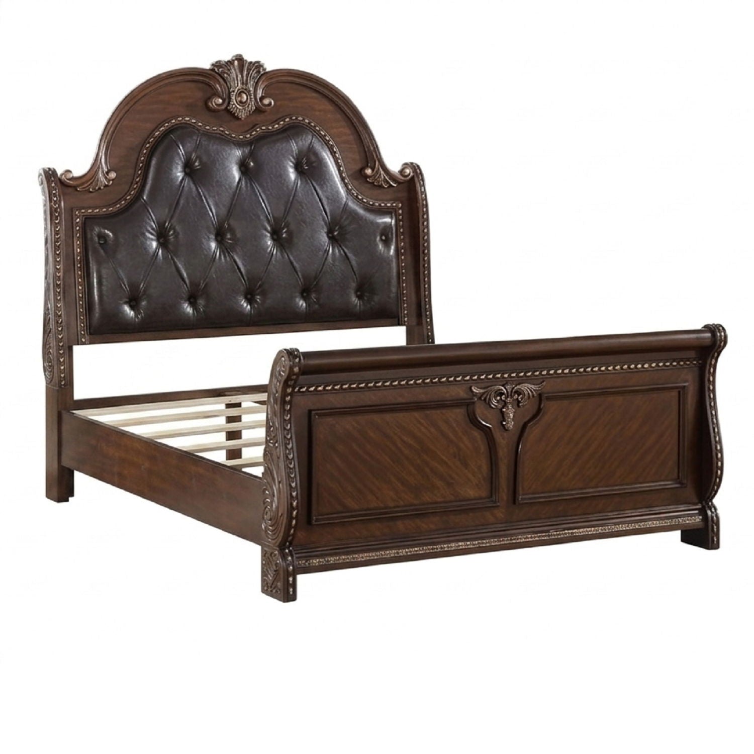 Bed & Carved Padded And Button Tufted Headboard