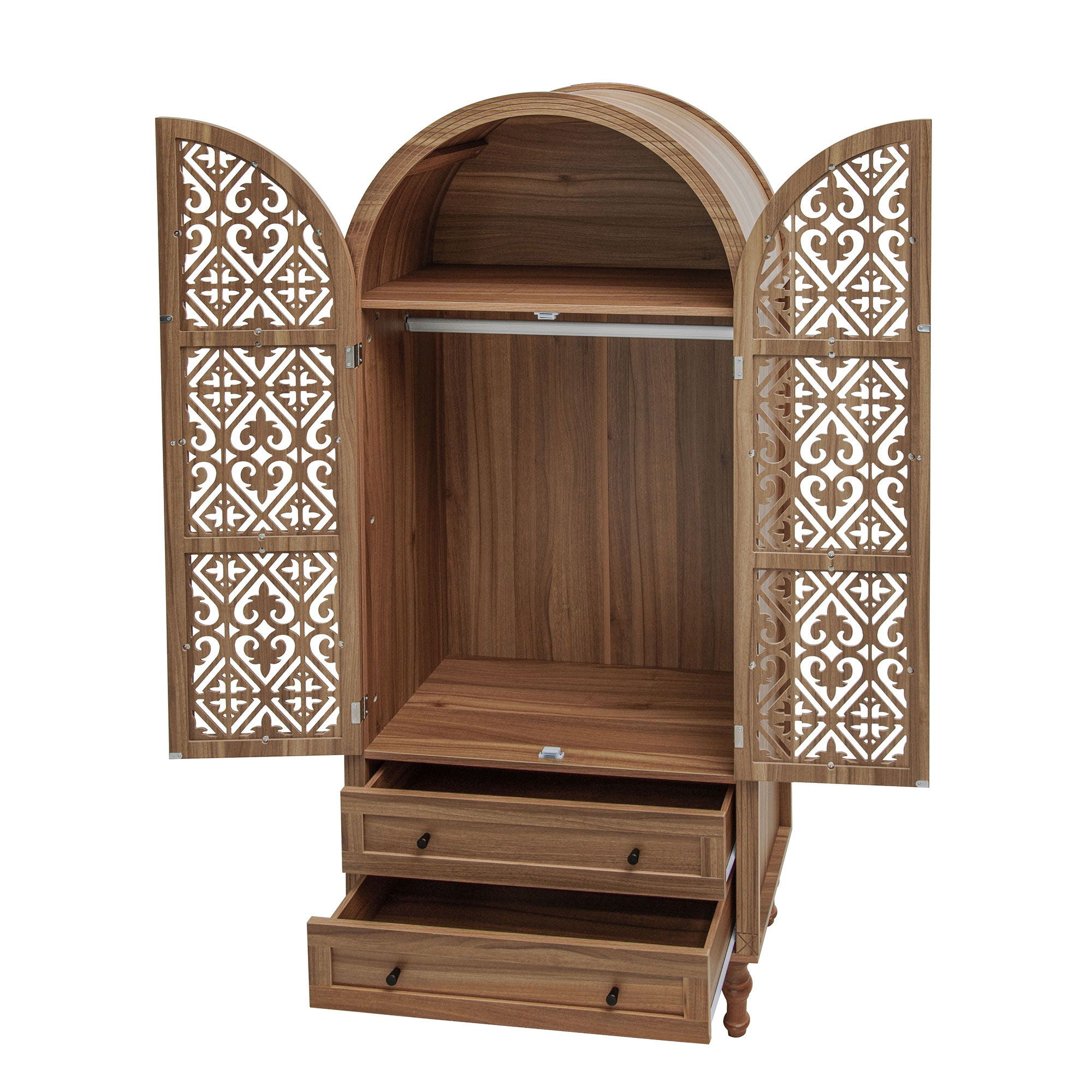 Tall Kitchen Pantry Cabinet With Hollow Carved Doors 2 Drawers And Adjustable Shelves Storage Display Cabinet For Kitchen Dining Room Or Living Room - Walnut