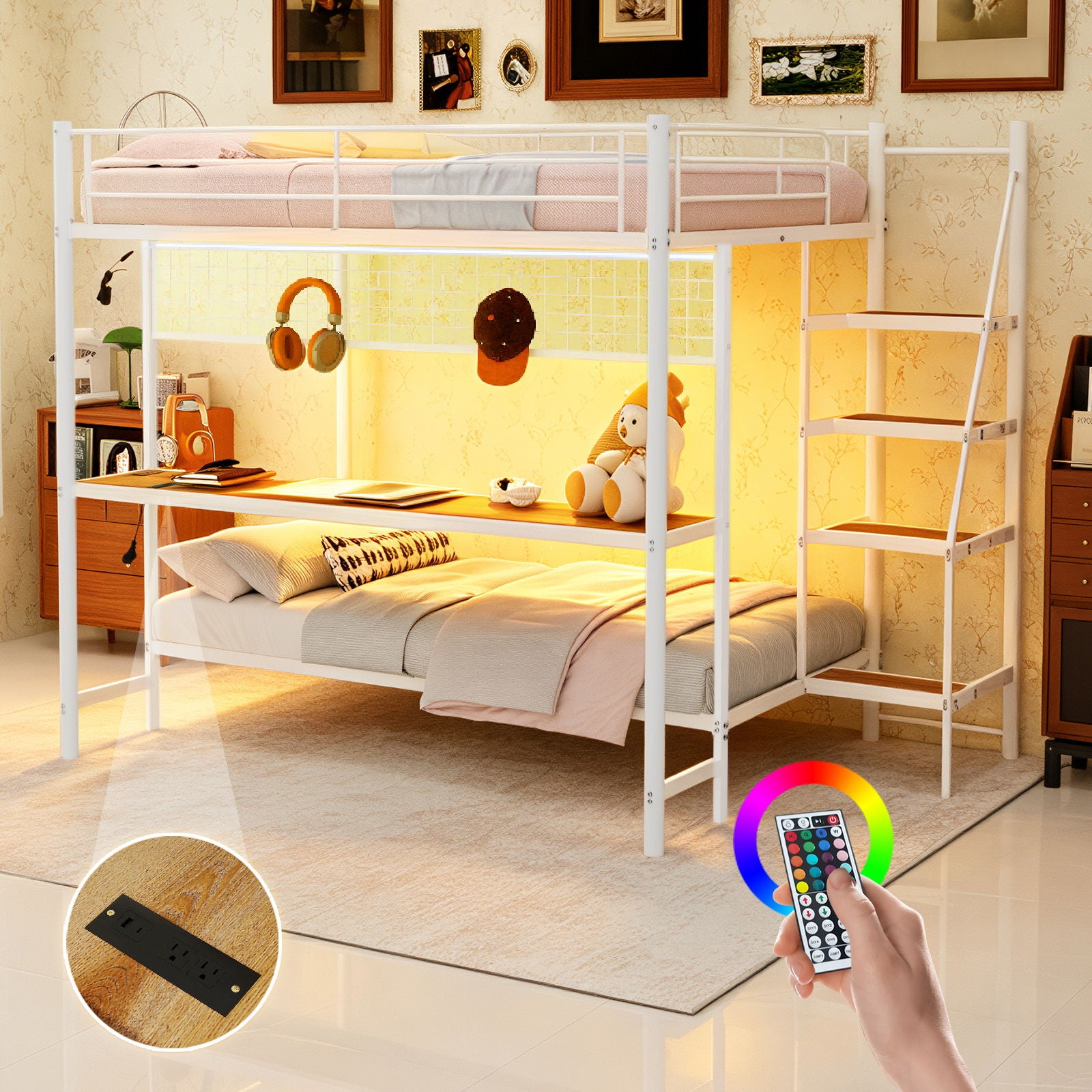 Bunk Bed With Built In Desk And LED Lighting