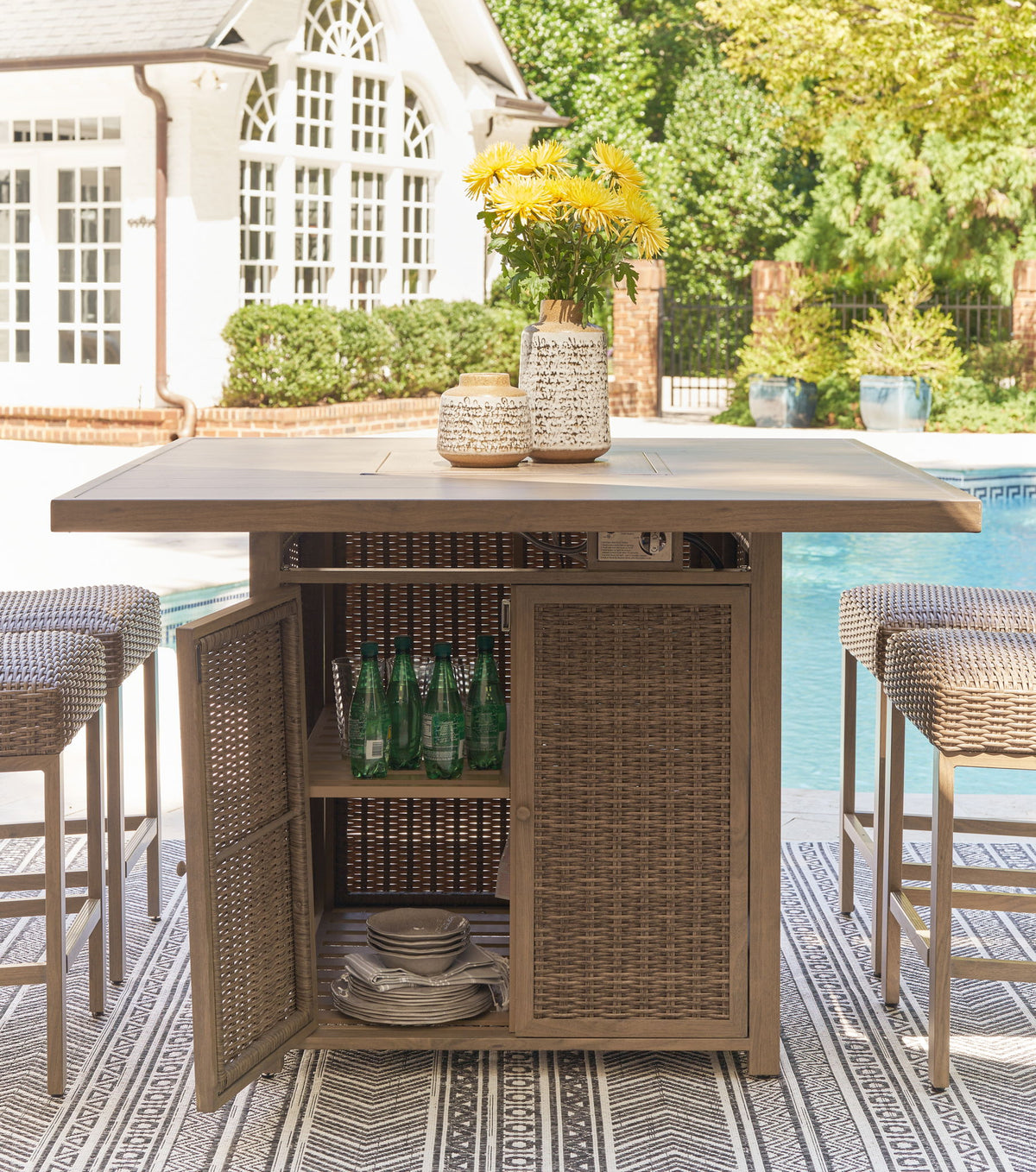 Walton Bridge - Square Bar Table With Fire Pit - Driftwood