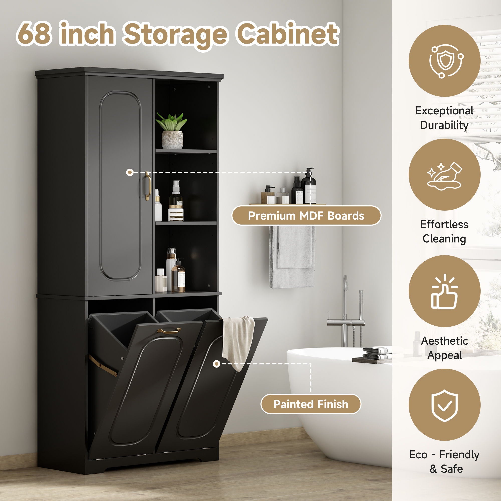Freestanding Tall Storage Cabinet With 2 Tilt Out Hampers