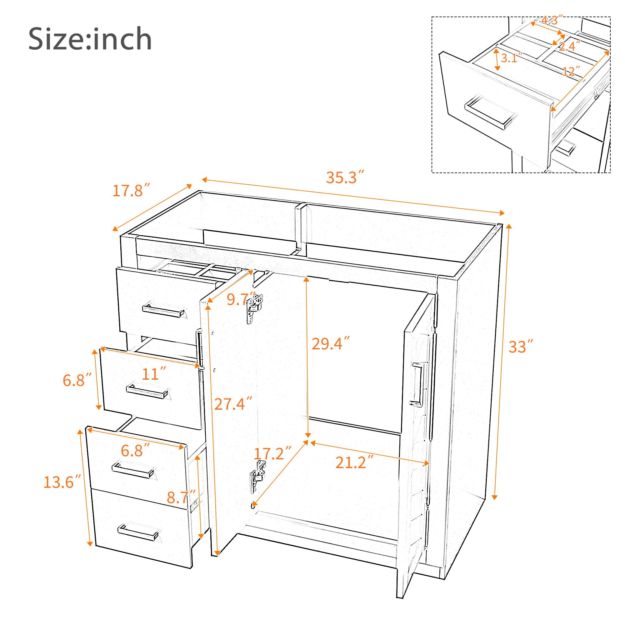Retro Style Bathroom Vanity, 3 Drawers & Soft Closing Doors